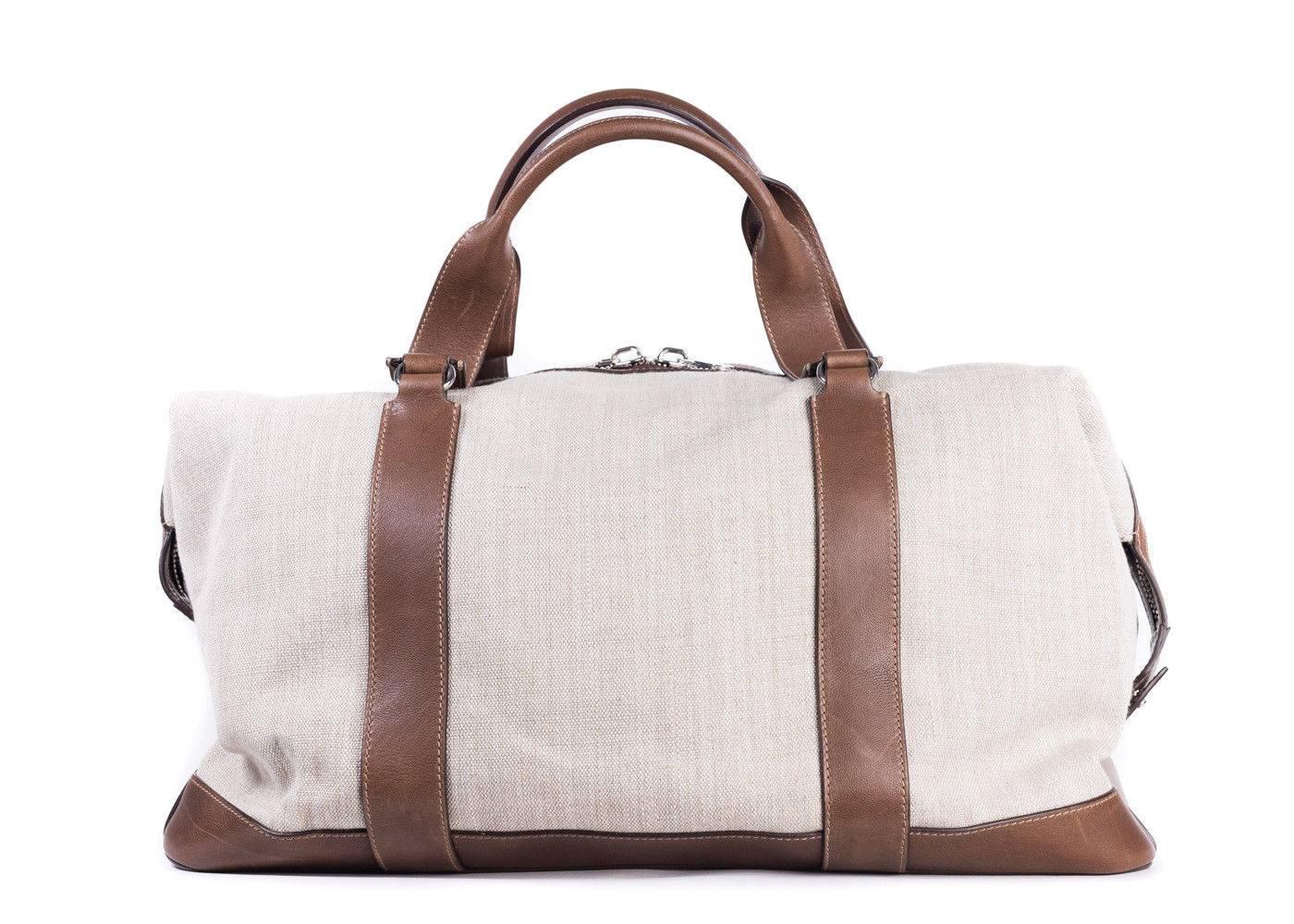 Gray Brunello Cucinelli Beige Canvas Brown Leather Holdall Travel Bag For Sale