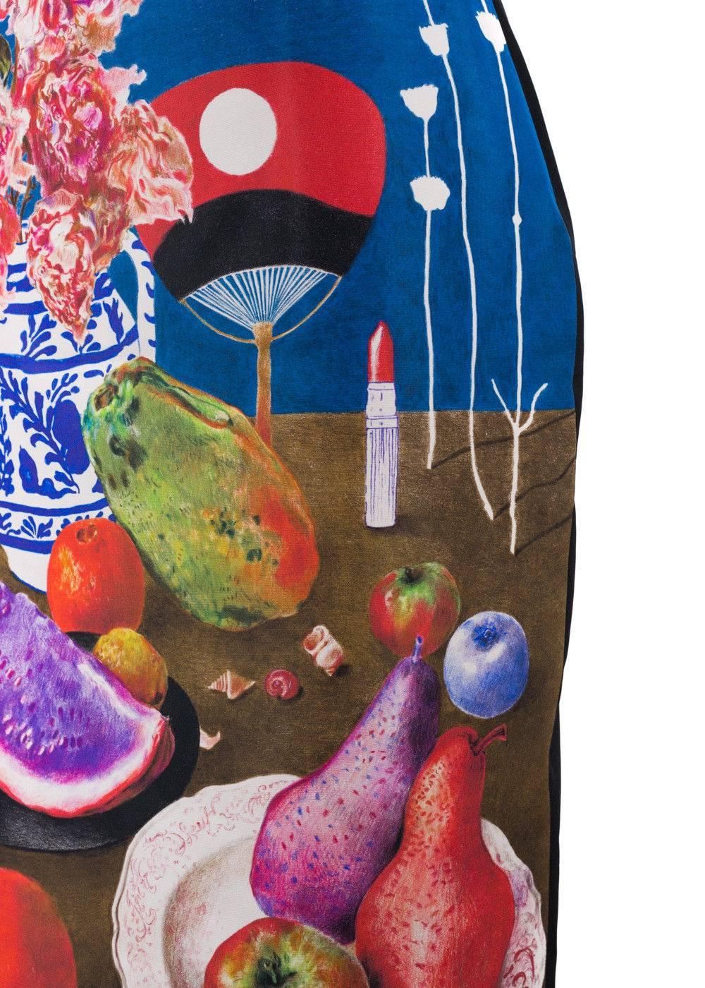 Prada Women's Multicolor Fruit Print Silk Faille Pencil Skirt In New Condition In Brooklyn, NY