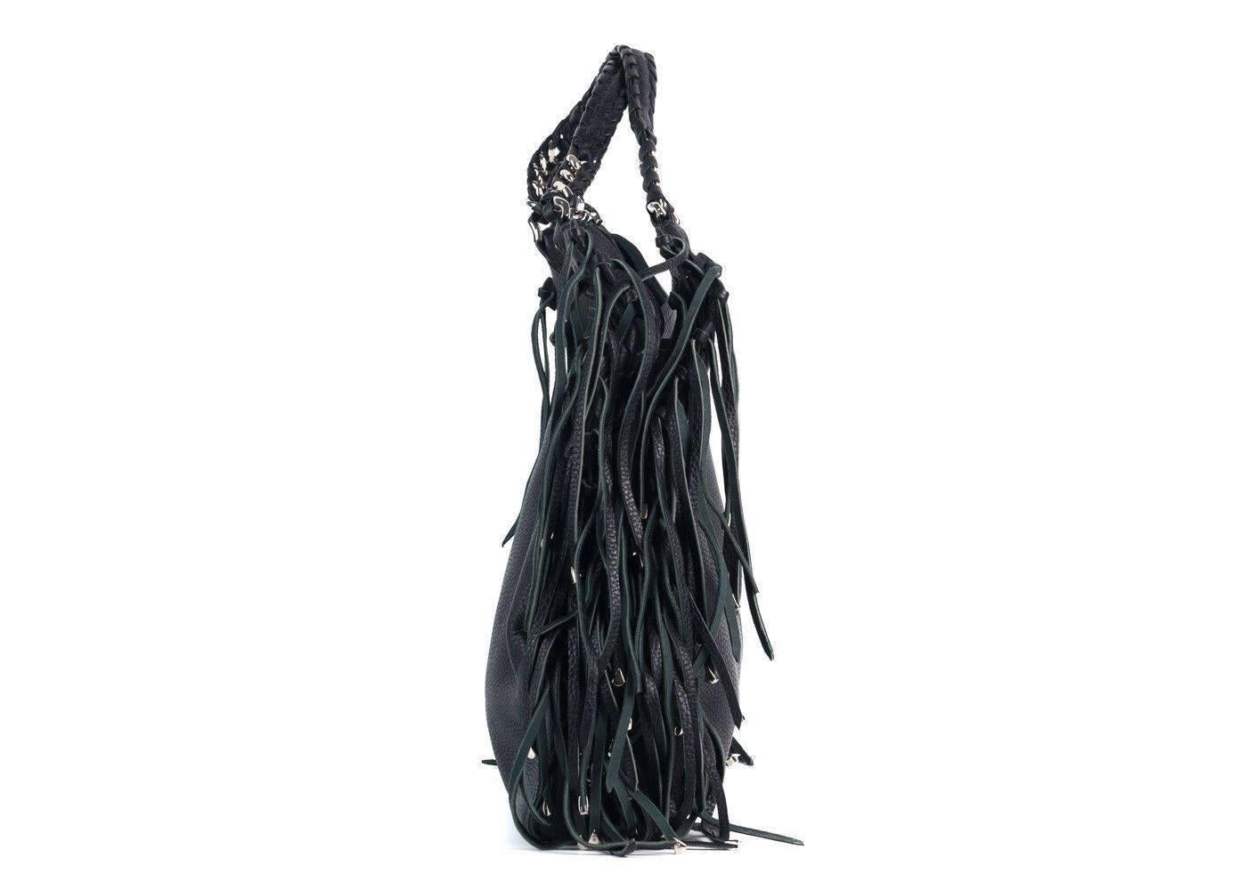 Roberto Cavalli Women Black Leather Chain Strap Fringe Edge Shoulder Bag In New Condition For Sale In Brooklyn, NY