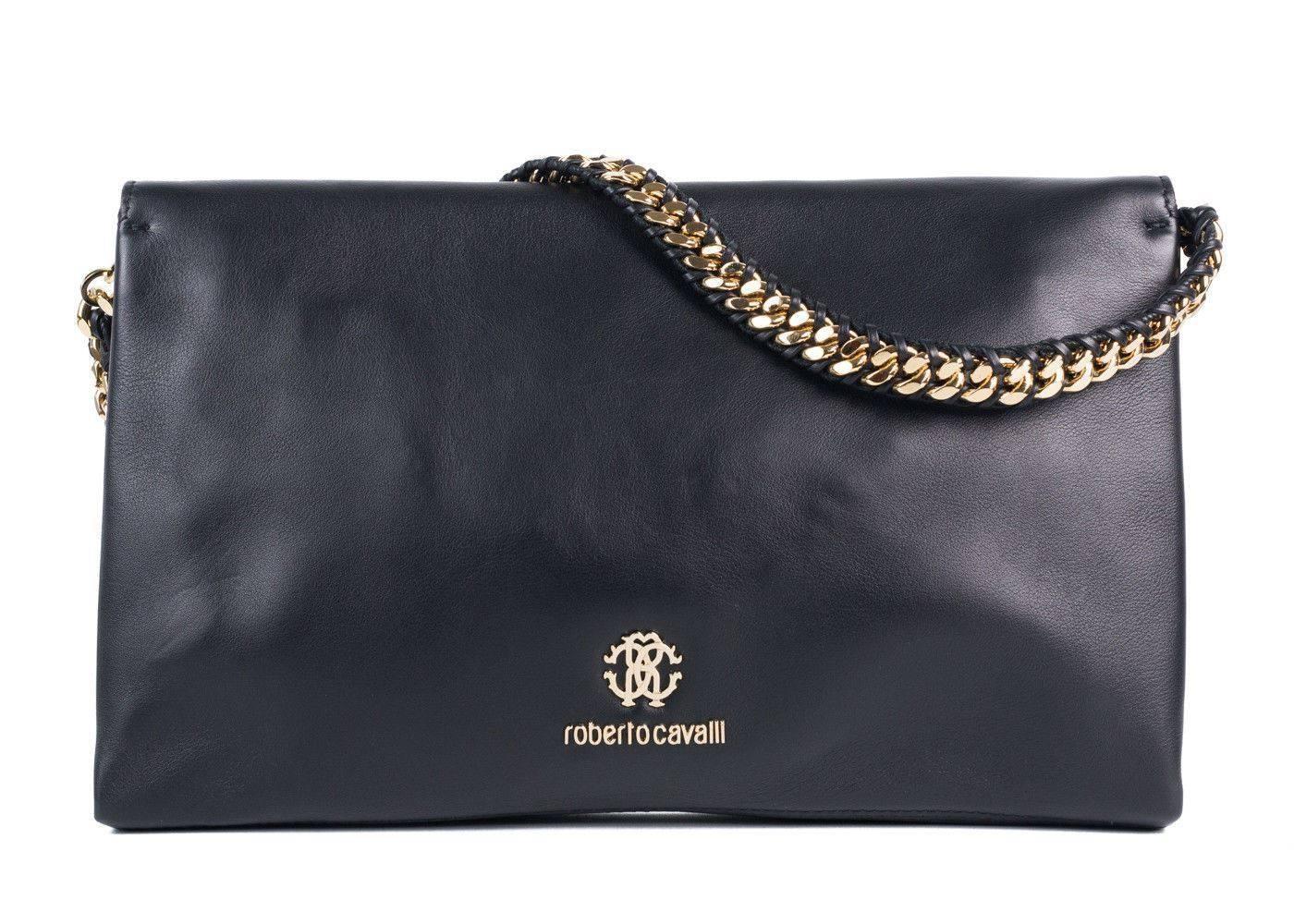 Roberto Cavalli Womens Black Leather Gold Black Studded Flap Handbag~RTL$2050 1
