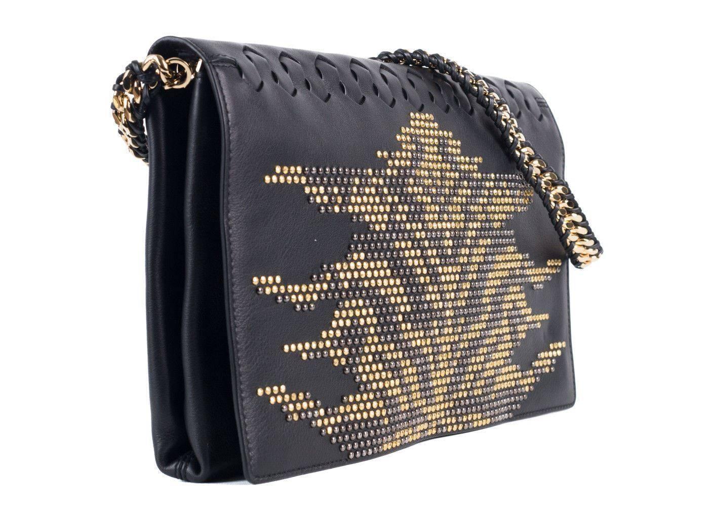 Women's Roberto Cavalli Womens Black Leather Gold Black Studded Flap Handbag~RTL$2050