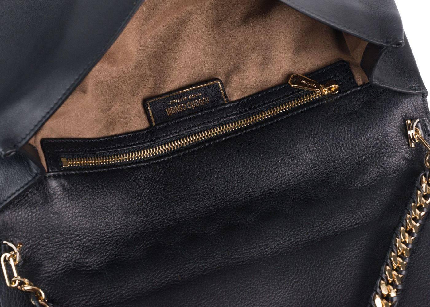 Roberto Cavalli Womens Black Leather Gold Black Studded Flap Handbag~RTL$2050 In New Condition In Brooklyn, NY