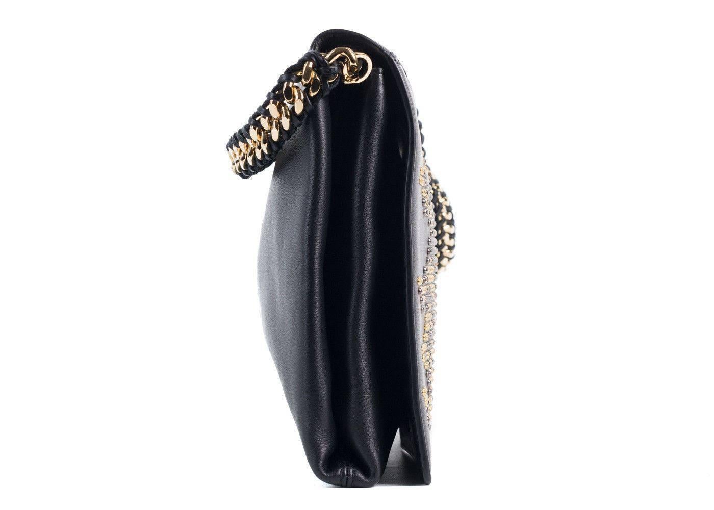 Roberto Cavalli Womens Black Leather Gold Black Studded Flap Handbag~RTL$2050 5