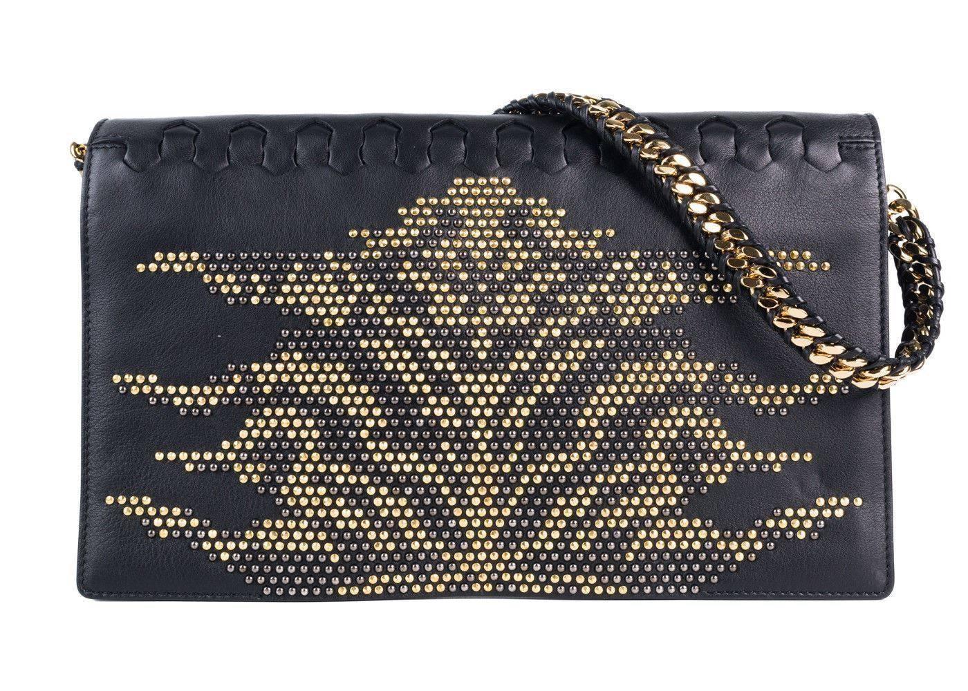 Roberto Cavalli Womens Black Leather Gold Black Studded Flap Handbag~RTL$2050 2