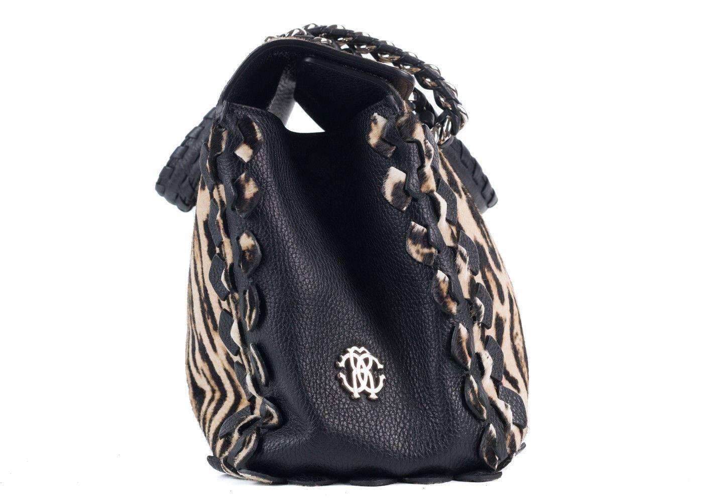 Roberto Cavalli Womens Cheetah Print Pony Hair Black Leather Handbag In New Condition For Sale In Brooklyn, NY