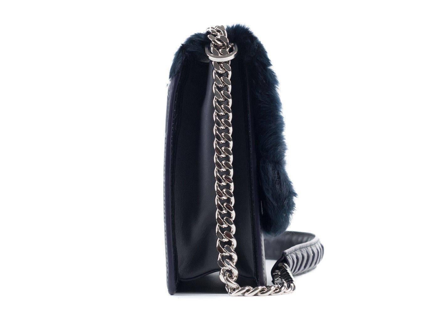 Women's Roberto Cavalli Black Leather Navy Tousled Fur Chained Shoulder Bag For Sale