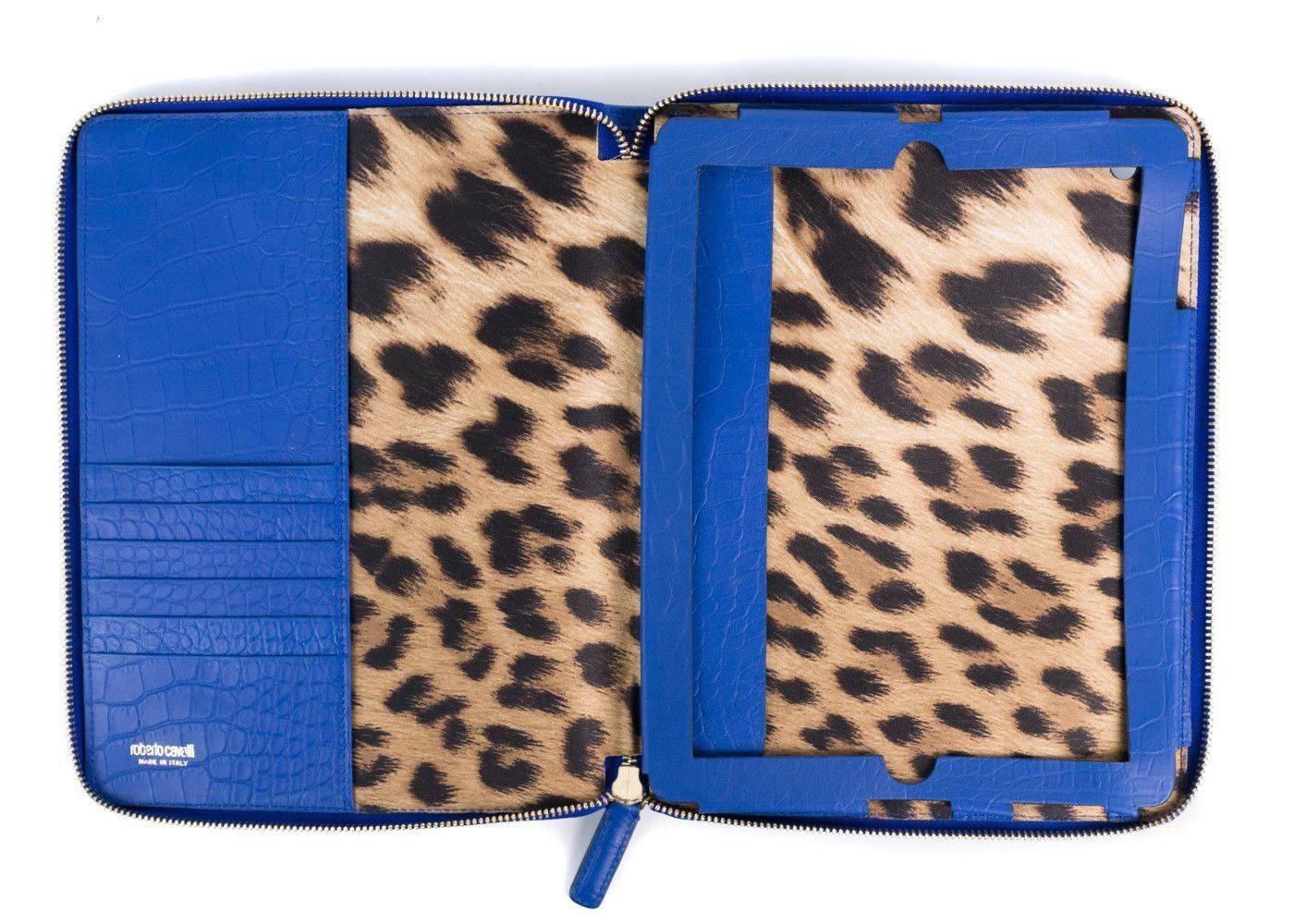 Women's Roberto Cavalli Blue Textured Leather Shoulder Strap Tablet Device Case For Sale