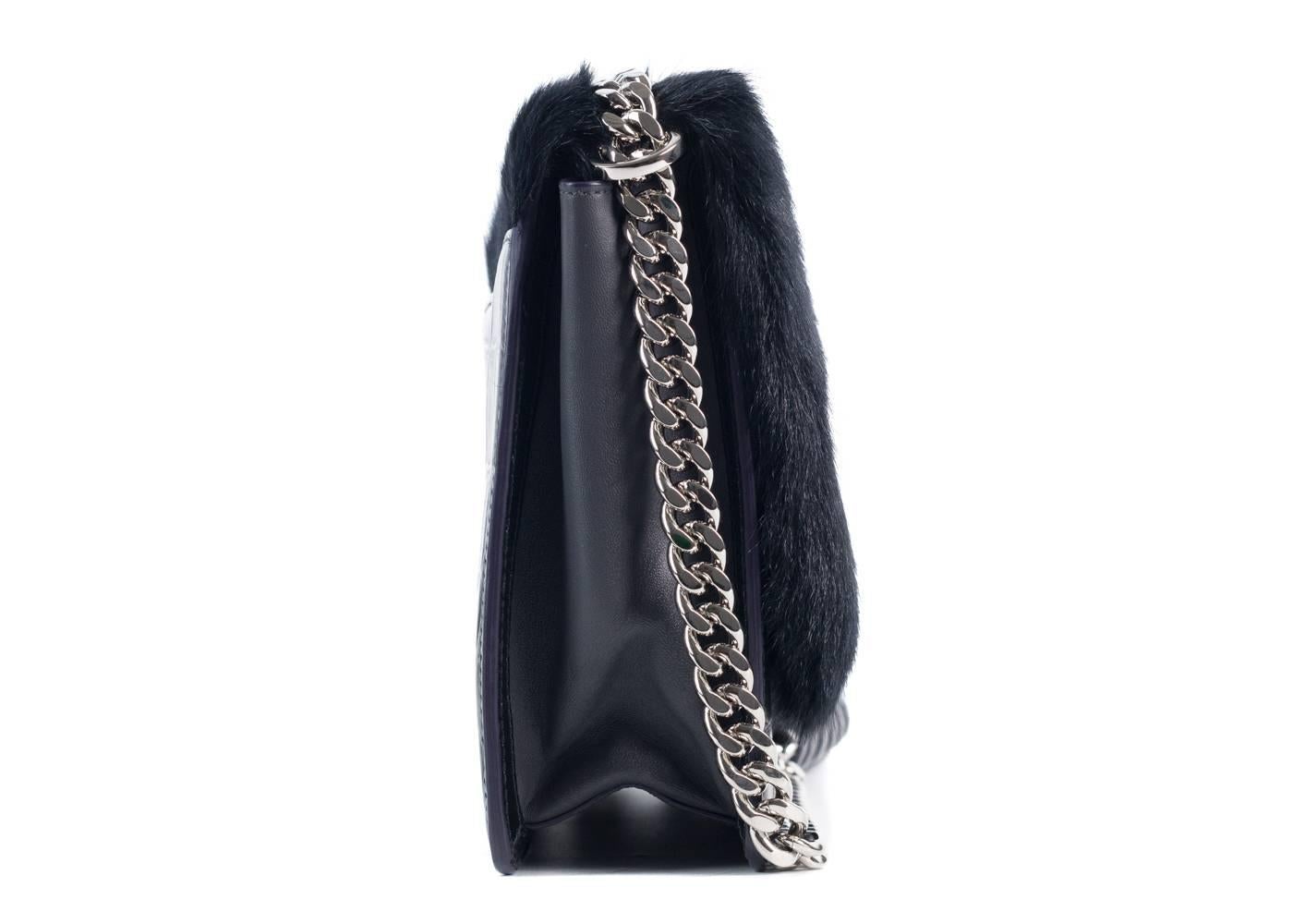 Women's NEW~Roberto Cavalli Black Leather Navy Tinted Fur Chained Shoulder Bag For Sale