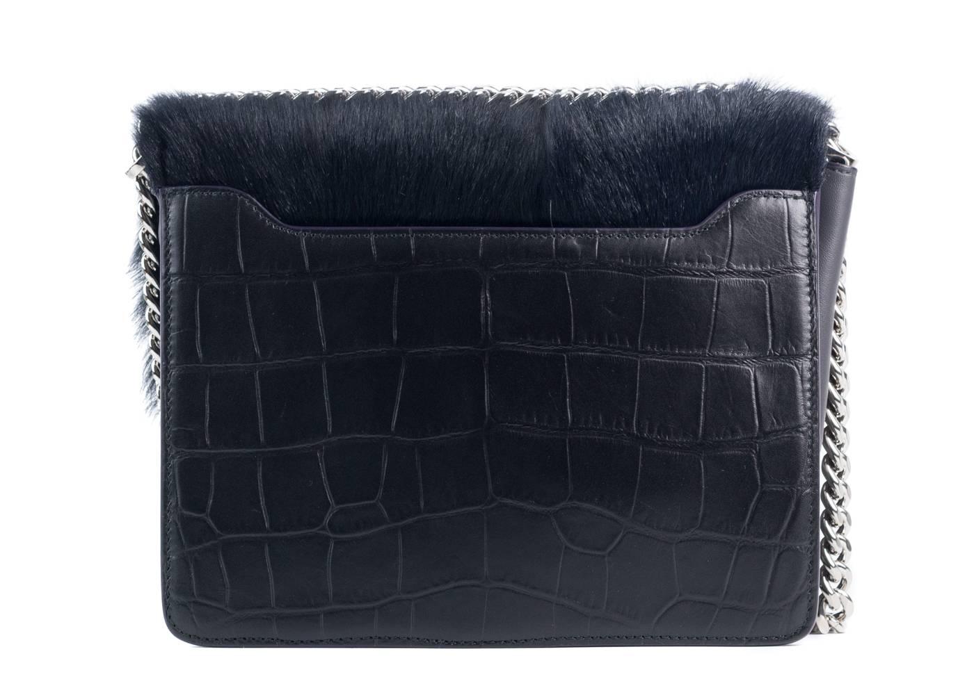 NEW~Roberto Cavalli Black Leather Navy Tinted Fur Chained Shoulder Bag For Sale 1