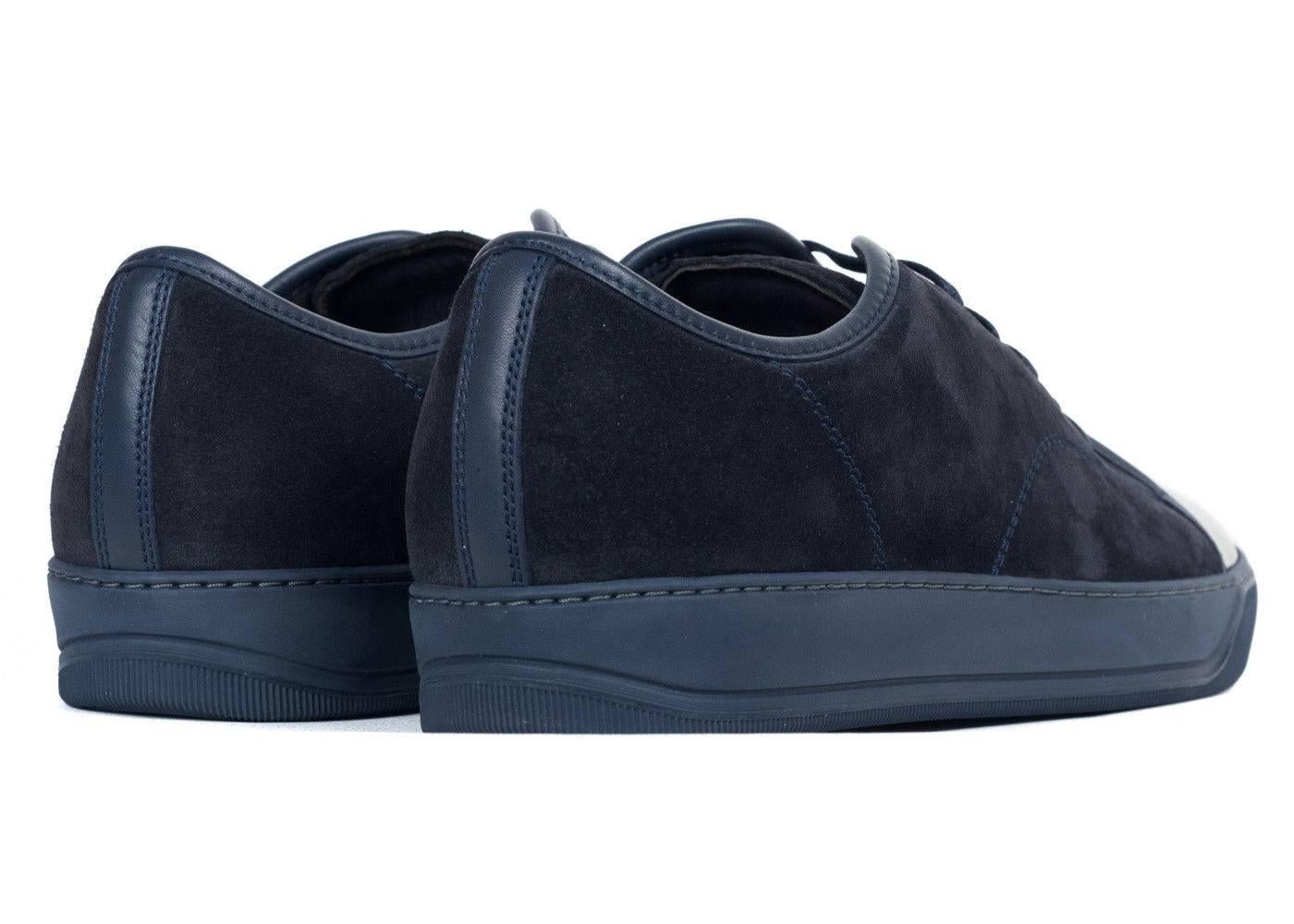 Lanvin Dark Blue Suede Patent Cap Lace Up DDB1 Sneakers In New Condition For Sale In Brooklyn, NY