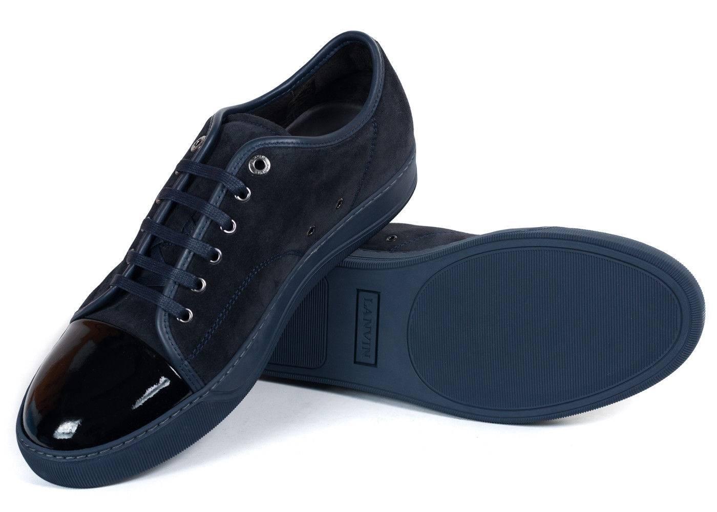 Men's Lanvin Dark Blue Suede Patent Cap Lace Up DDB1 Sneakers For Sale