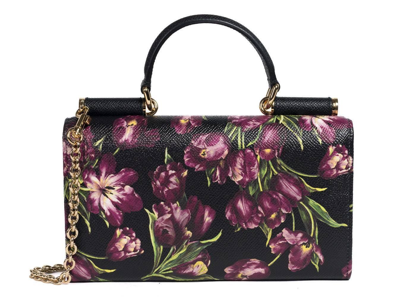 Dolce&Gabbana Women's Black Floral Small Von Wallet Shoulder Bag In New Condition In Brooklyn, NY