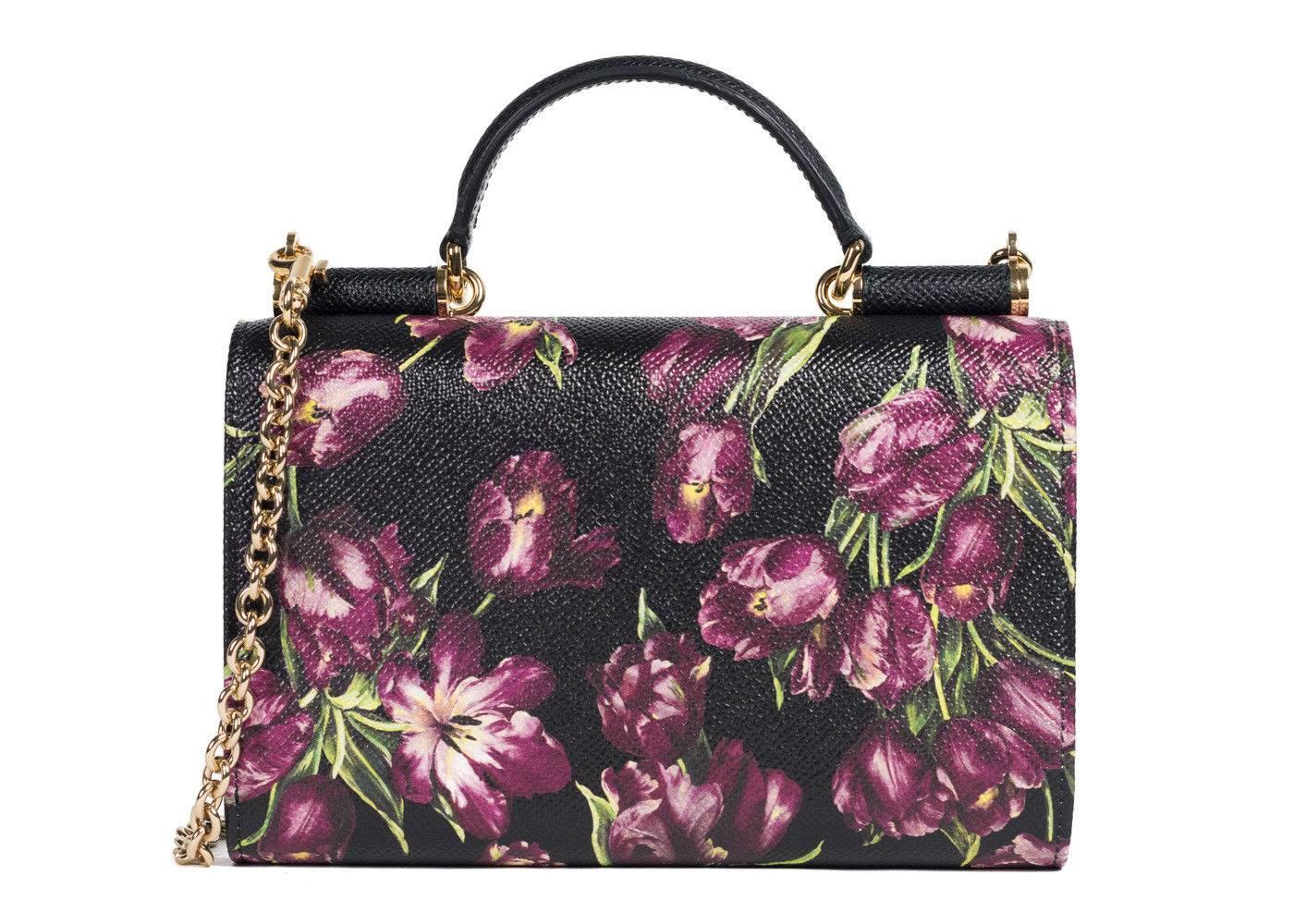 Dolce&Gabbana Women's Black Floral Mini Von Wallet Shoulder Bag In New Condition In Brooklyn, NY