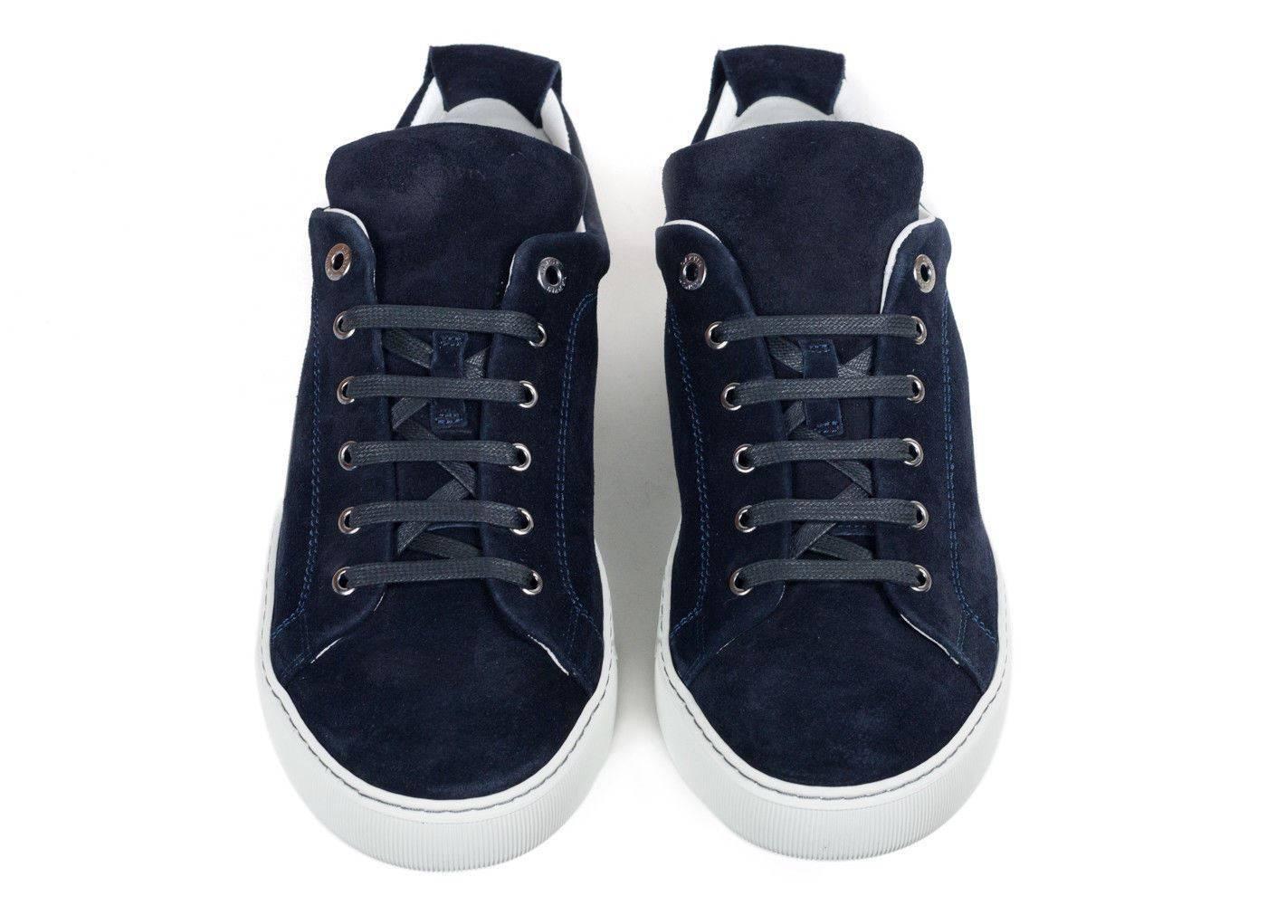 Mens Lanvin Navy Suede Nubuck Calfskin Lace Up Low Top Sneakers In New Condition For Sale In Brooklyn, NY