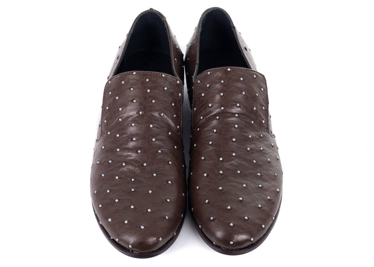 Men's Brunello Cucinelli Dark Brown Leather Stone Studded Slip On Shoes For Sale
