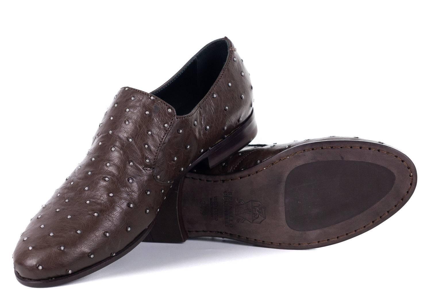 Brunello Cucinelli Dark Brown Leather Stone Studded Slip On Shoes In New Condition For Sale In Brooklyn, NY