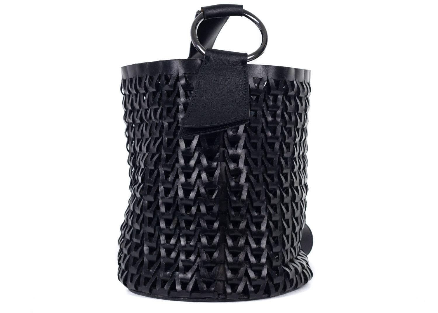 Men's Roberto Cavalli Solid Black Leather Braided Woven Shoulder Bucket Bag For Sale