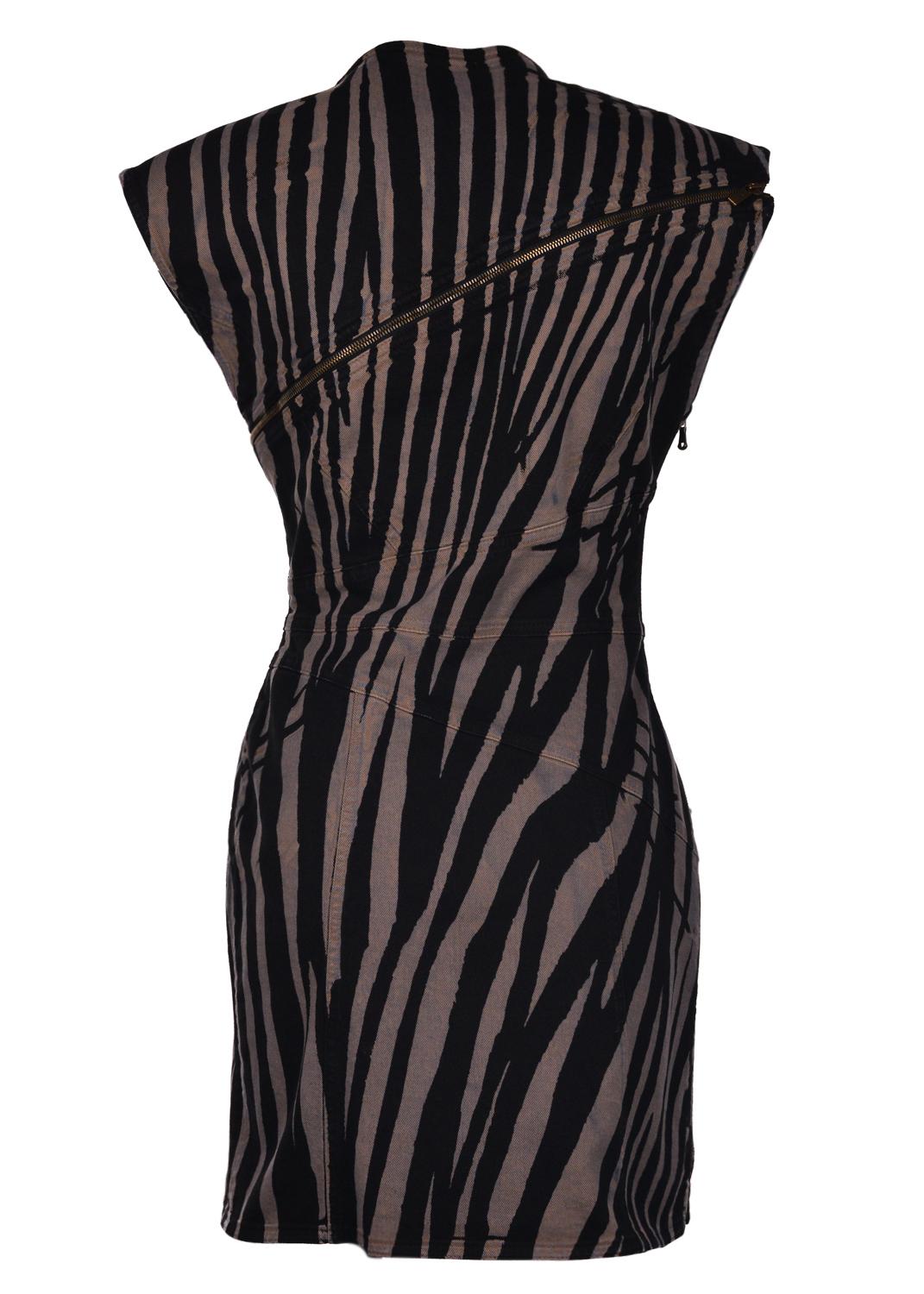 Roberto Cavalli Black Zebra Printed Denim Zipper Dress In New Condition For Sale In Brooklyn, NY