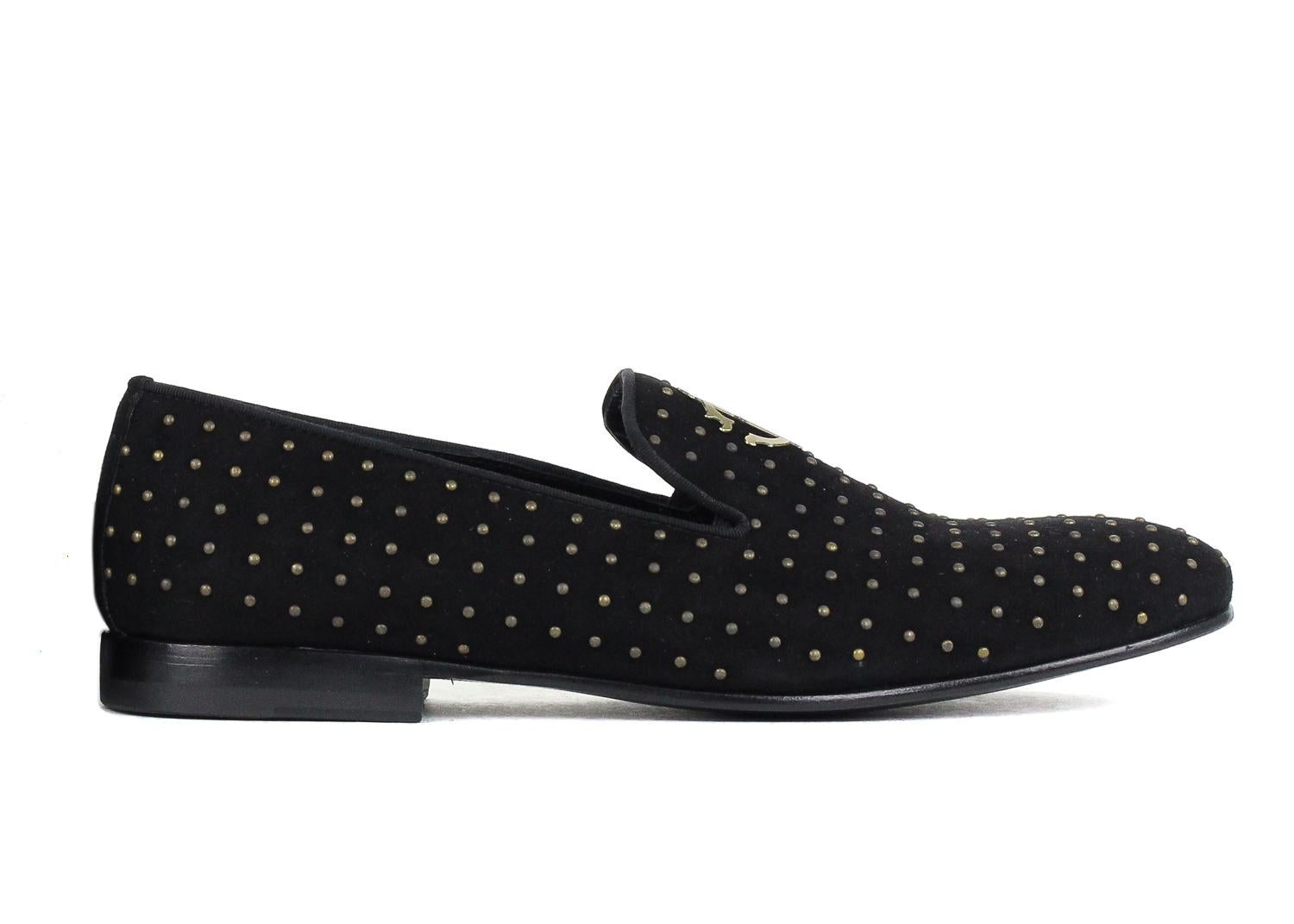 Men's Roberto Cavalli Black Suede Antique Gold Studded Loafers  For Sale