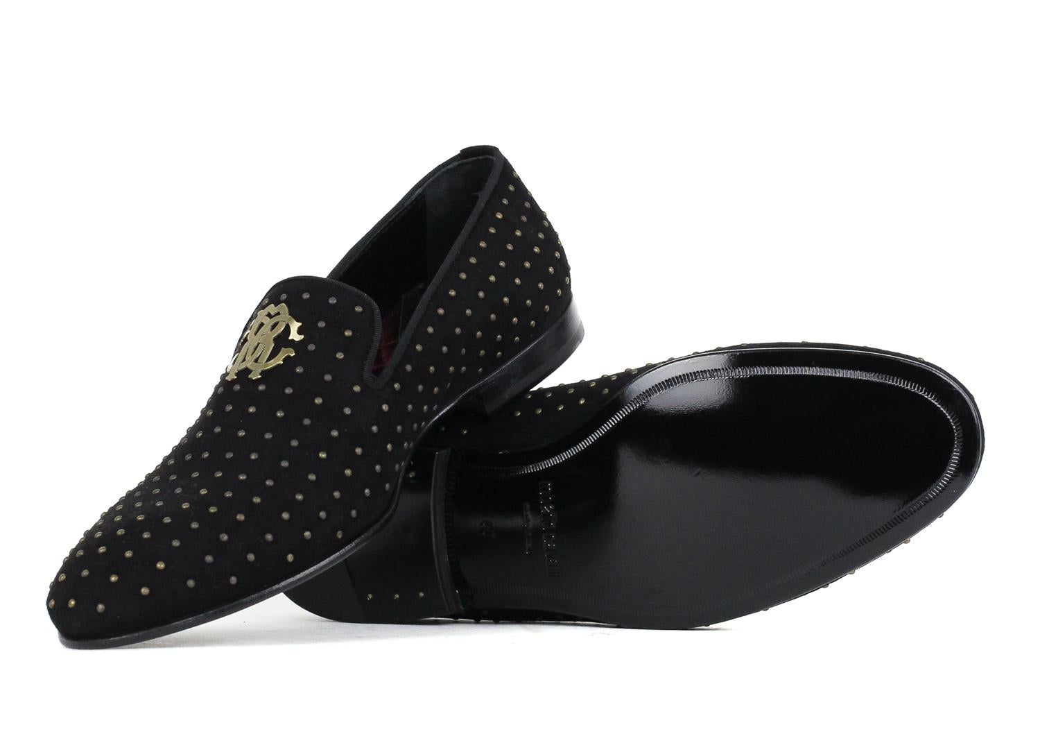 Roberto Cavalli Black Suede Antique Gold Studded Loafers  For Sale 1