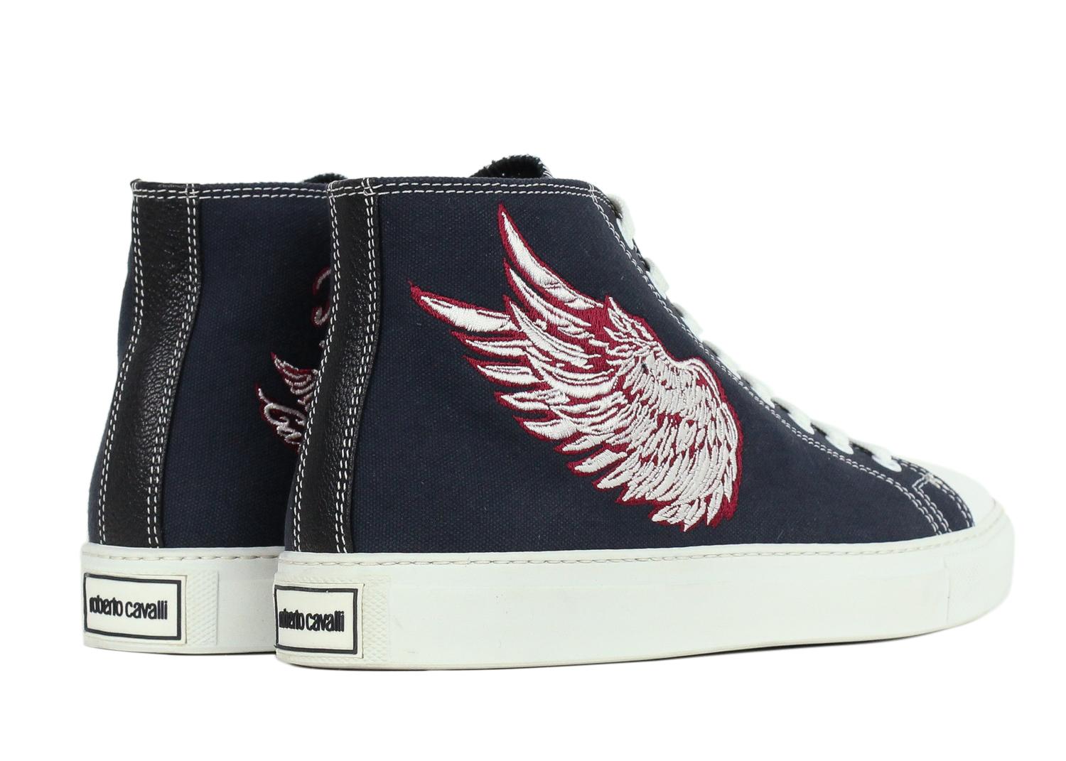 Gray Roberto Cavalli Mens Navy Embroidered Angel High Top Sneakers For Sale