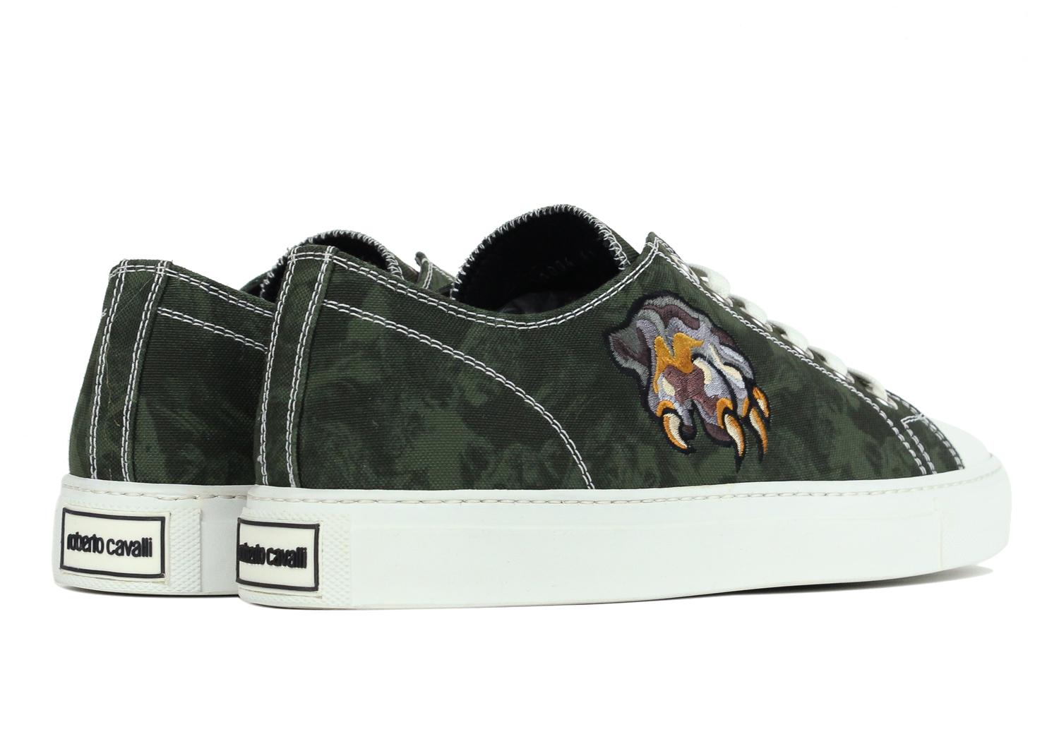 Black Roberto Cavalli Mens Green Embroidered Claw Low Top Sneaker For Sale
