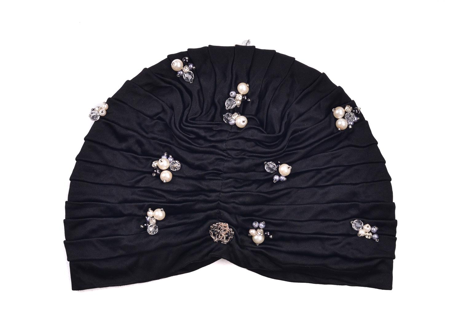 Roberto Cavalli Women Black Pearled Stone Applique Tiered Turban In New Condition In Brooklyn, NY