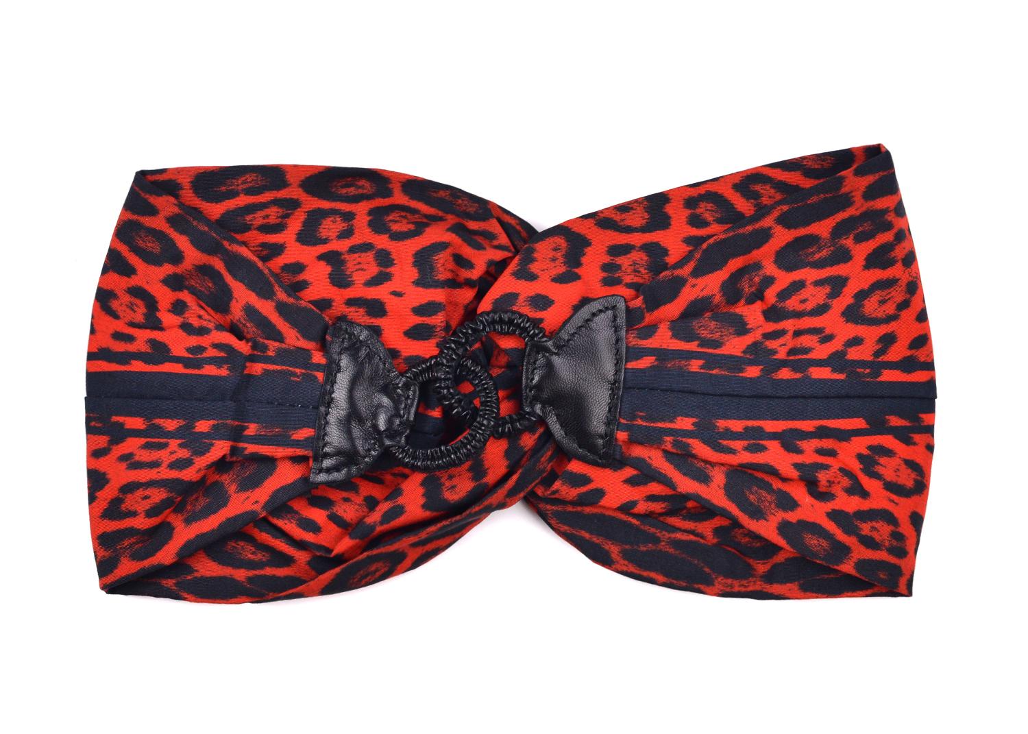 Black Roberto Cavalli Women Red Cheetah Leather Ringed Hair Band For Sale