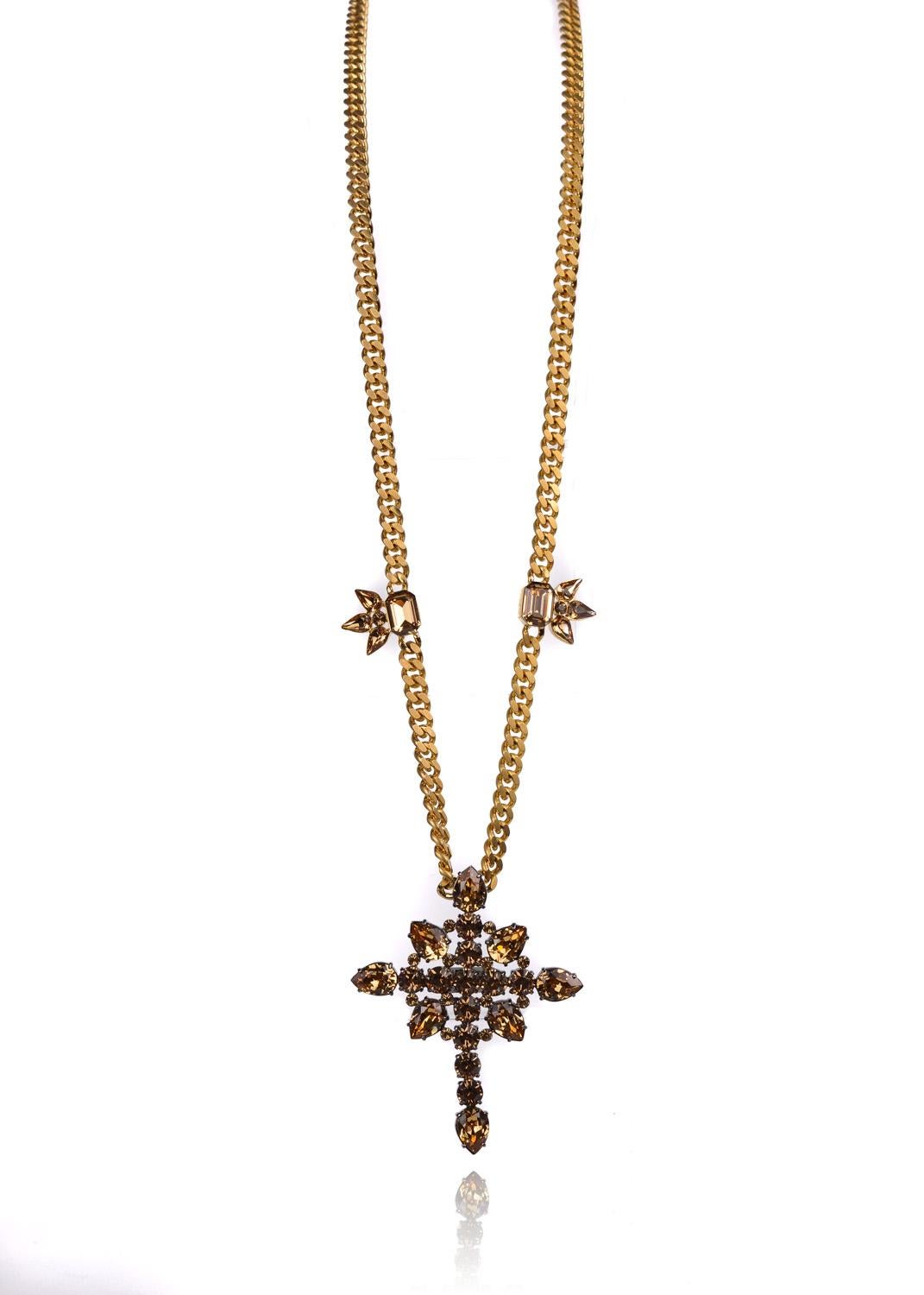 Modern Roberto Cavalli Gold Brown Swarovski Cross Pendant Cuban Curb Necklace For Sale