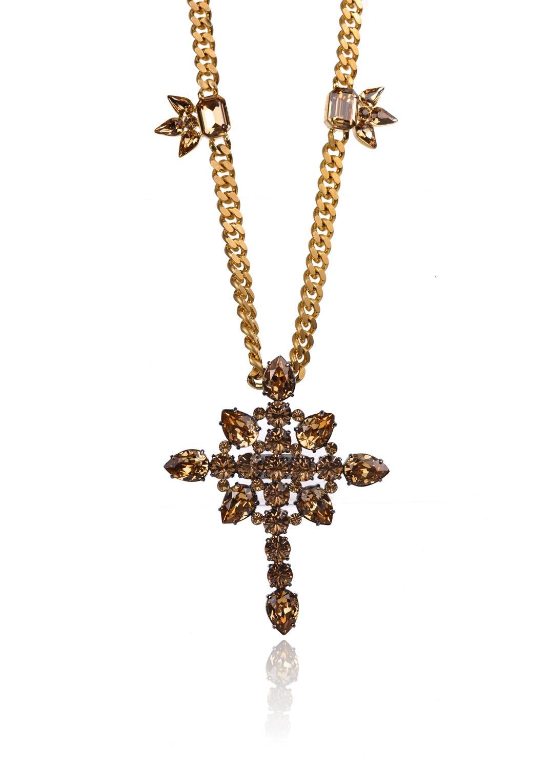 Roberto Cavalli Gold Brown Swarovski Cross Pendant Cuban Curb Necklace In New Condition For Sale In Brooklyn, NY