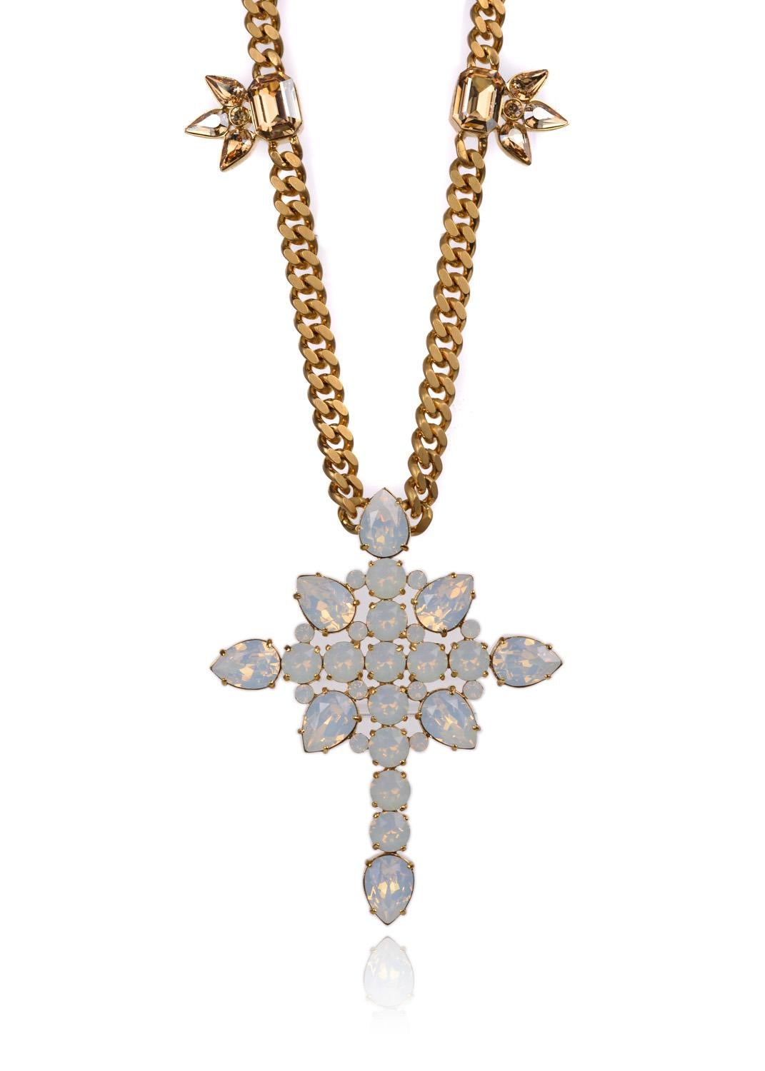 Modern Roberto Cavalli White Opal Swarovski Cross Pendant Cuban Curb Necklace For Sale