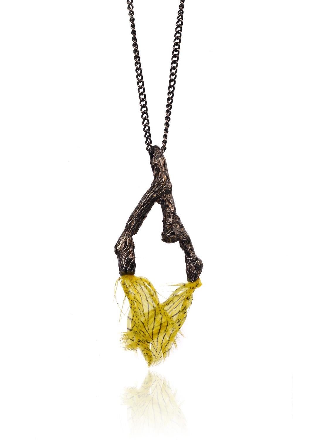 Roberto Cavalli Women Brass Carved Branch Yellow Feather Pendant Chain In New Condition For Sale In Brooklyn, NY