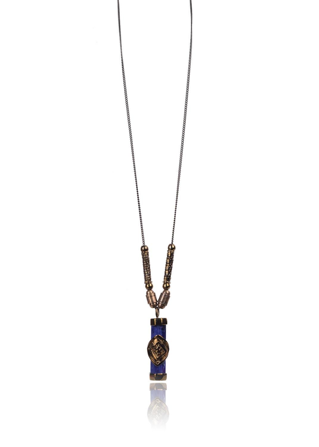 Modern Roberto Cavalli Blue Marble Beveled Brass Octagon Prism Pendant Chain For Sale