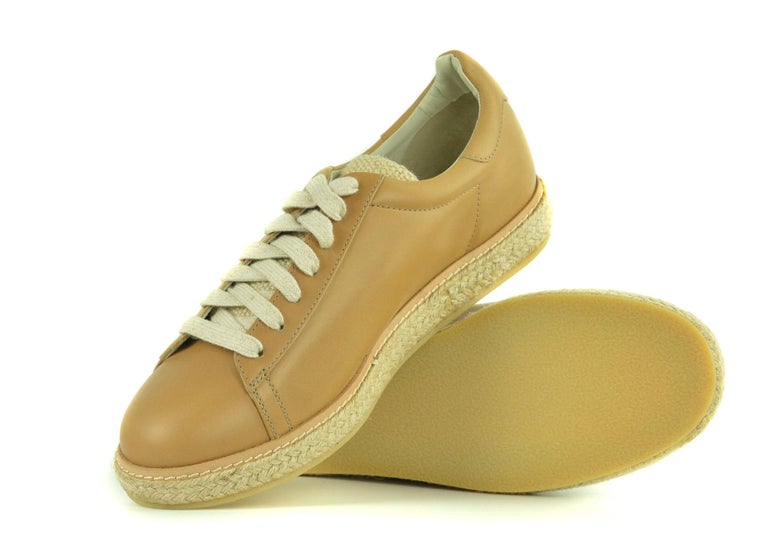 Brunello Cucinelli Mens Tan Leather Jute Low Top Sneakers For Sale at