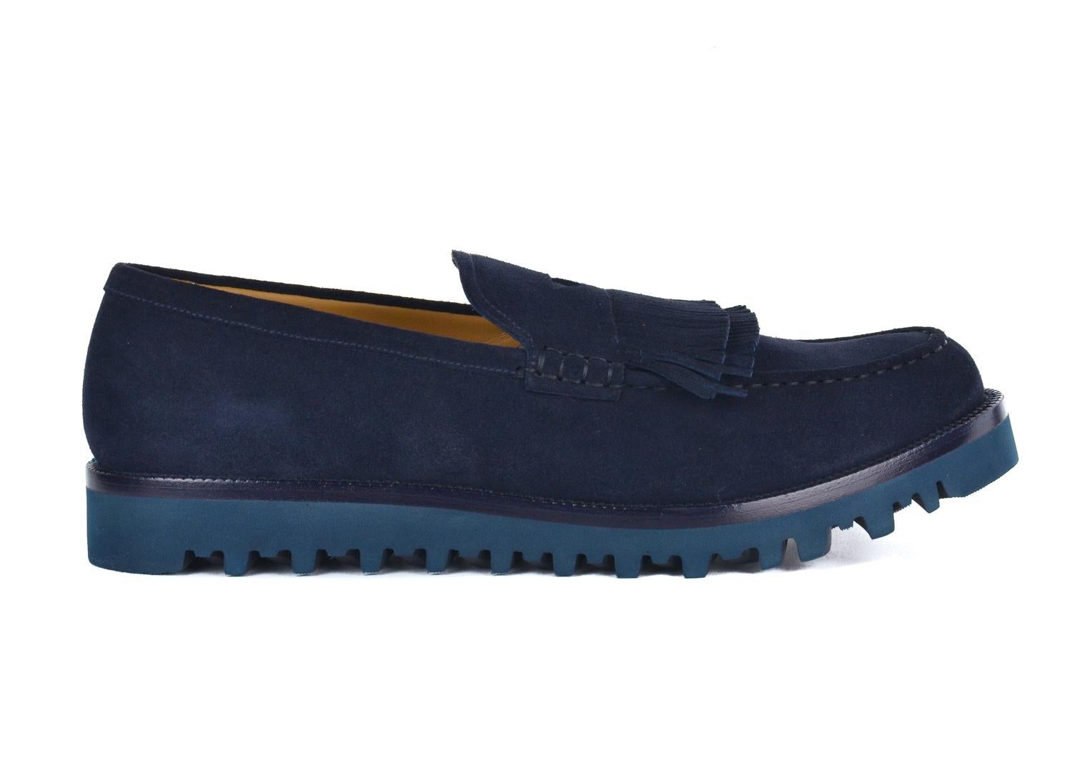 Black Giorgio Armani Mens Navy Suede Kiltie Platform Loafers For Sale