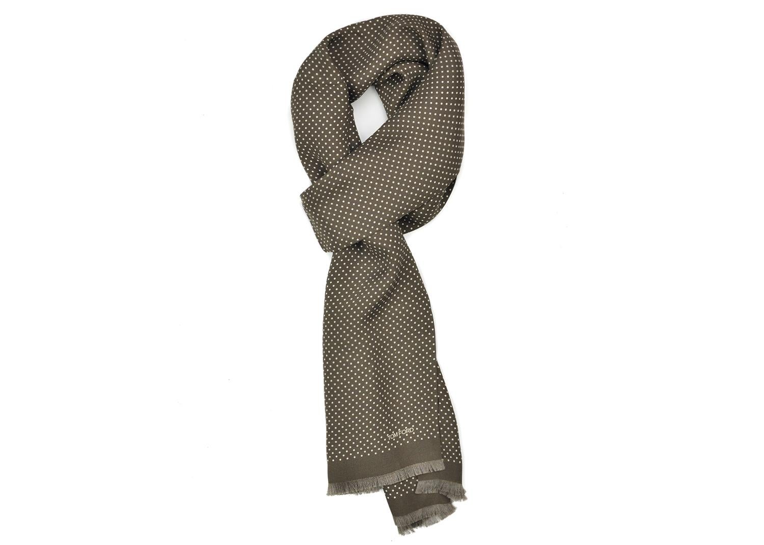 Gray Tom Ford Men's Olive Polka Dot Print Silk Double Side Fringed Scarf  For Sale