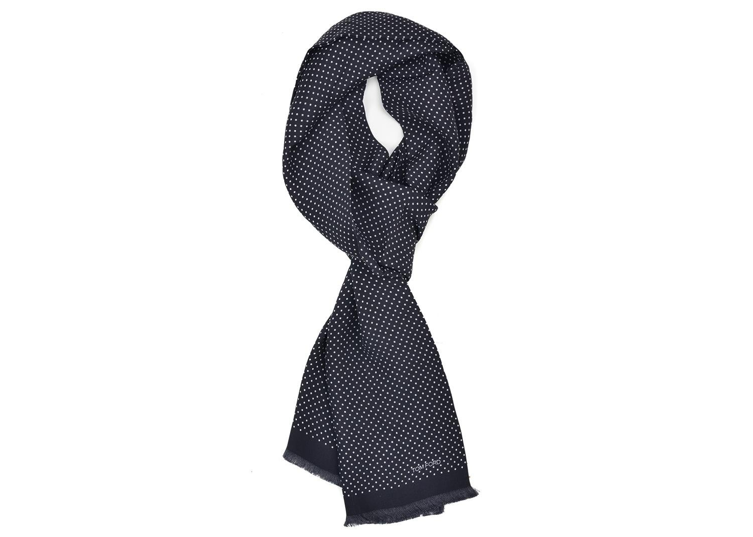 Tom Ford Men's Black Polka Dot Print Silk Double Side Fringed Scarf In New Condition For Sale In Brooklyn, NY