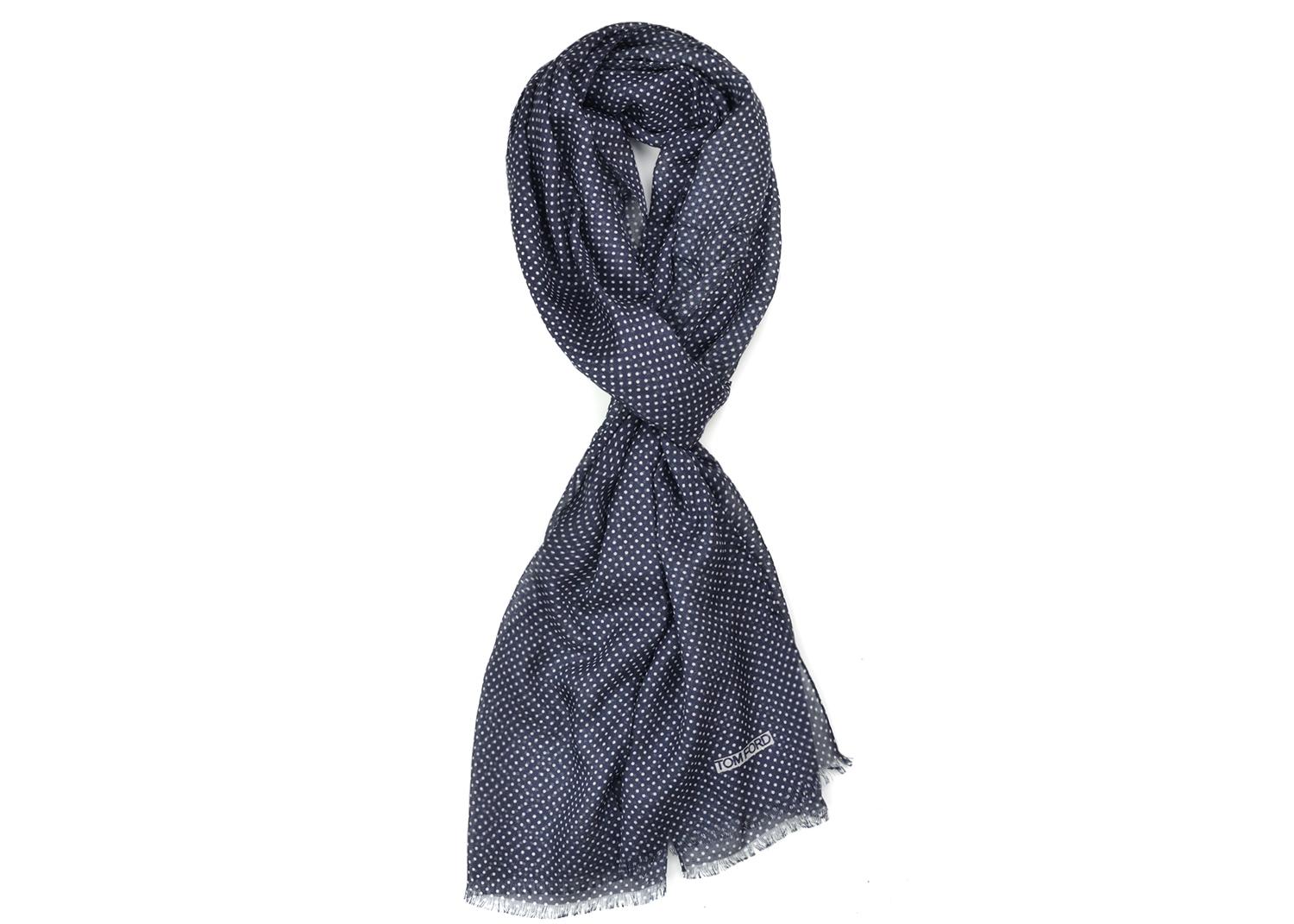 Black Tom Ford Navy Polka Dot Print Silk Blend Double Side Fringed Scarf