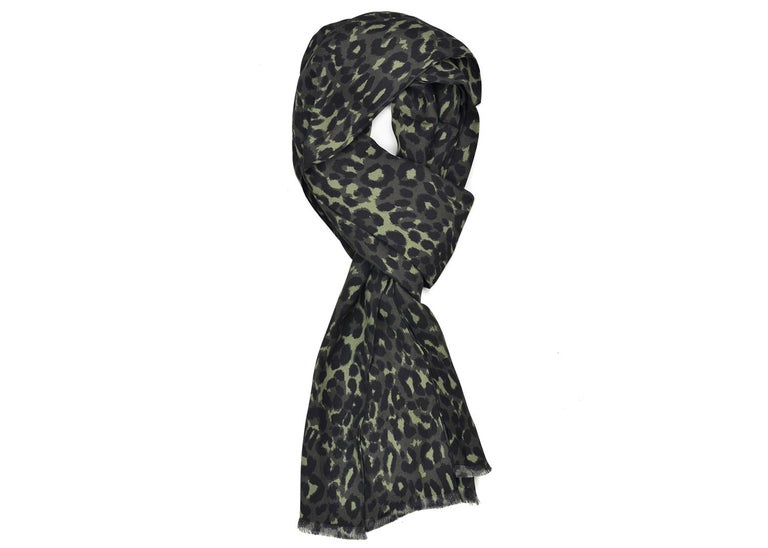 Tom Ford Men's Grey Green Leopard Print Silk Double Side Fringed Scarf ...