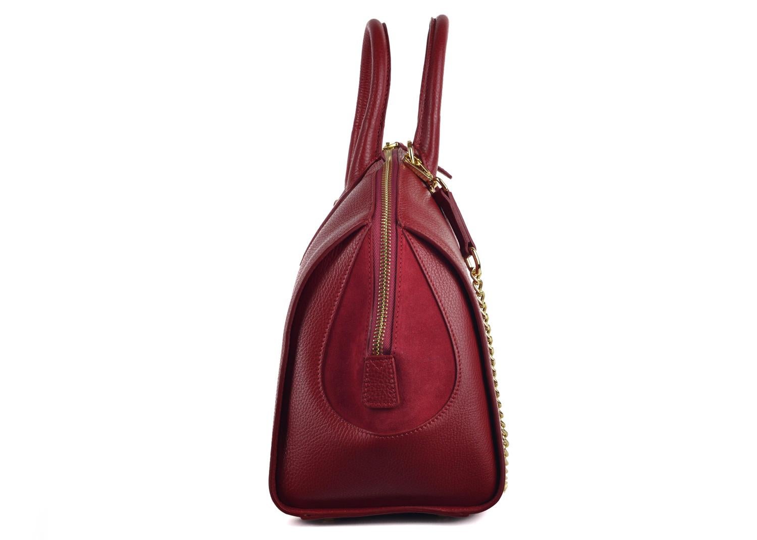 Roberto Cavalli Womens Burgundy Red Grained Leather Bowler Handbag In New Condition For Sale In Brooklyn, NY