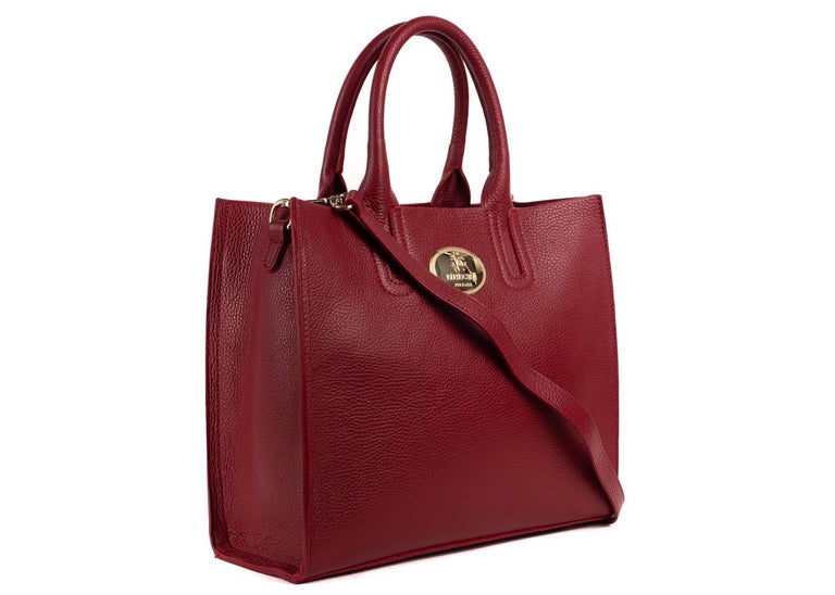 Roberto Cavalli Structured Burgundy Red Grainy Calf Leather Tote Bag ...