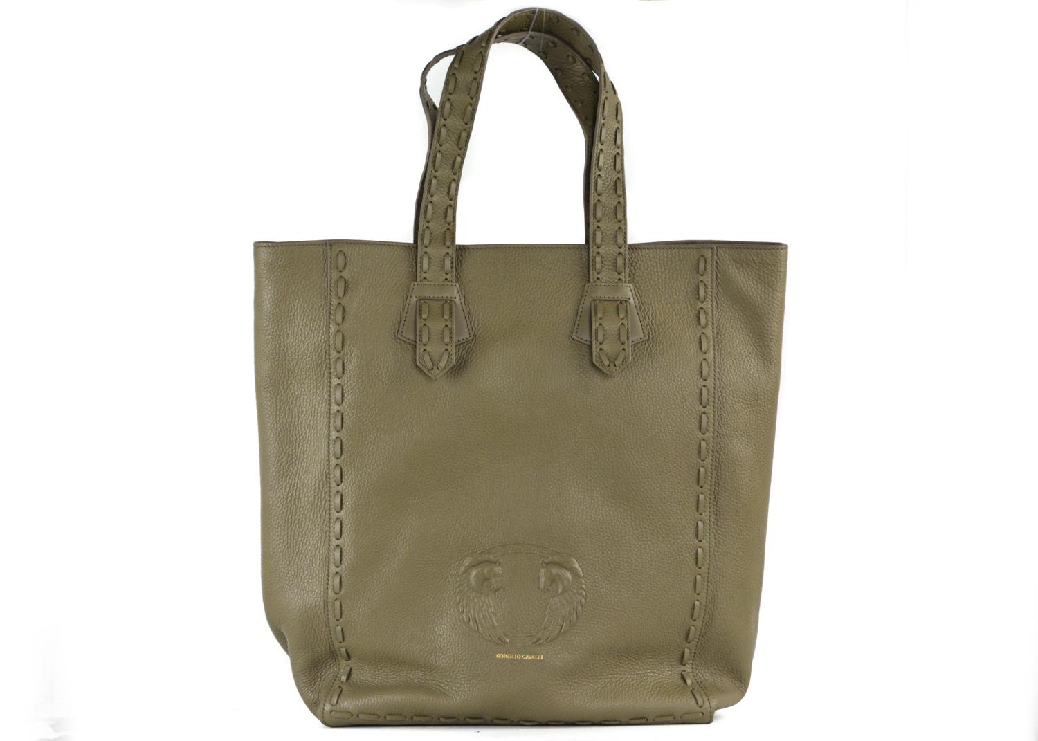 Roberto Cavalli displays casual sophistication with this olive green tote bag. This tote features grained leather, tonal stitched trim, and signature embossed winged horse. You can store your essentials in this hold all unit with confidence thanks