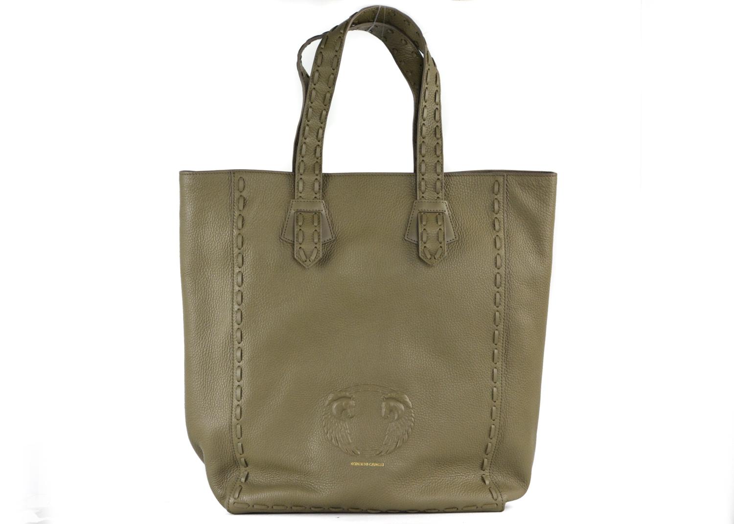 Brown Roberto Cavalli Olive Green Grained Leather Stitched Trim Tote Bag For Sale