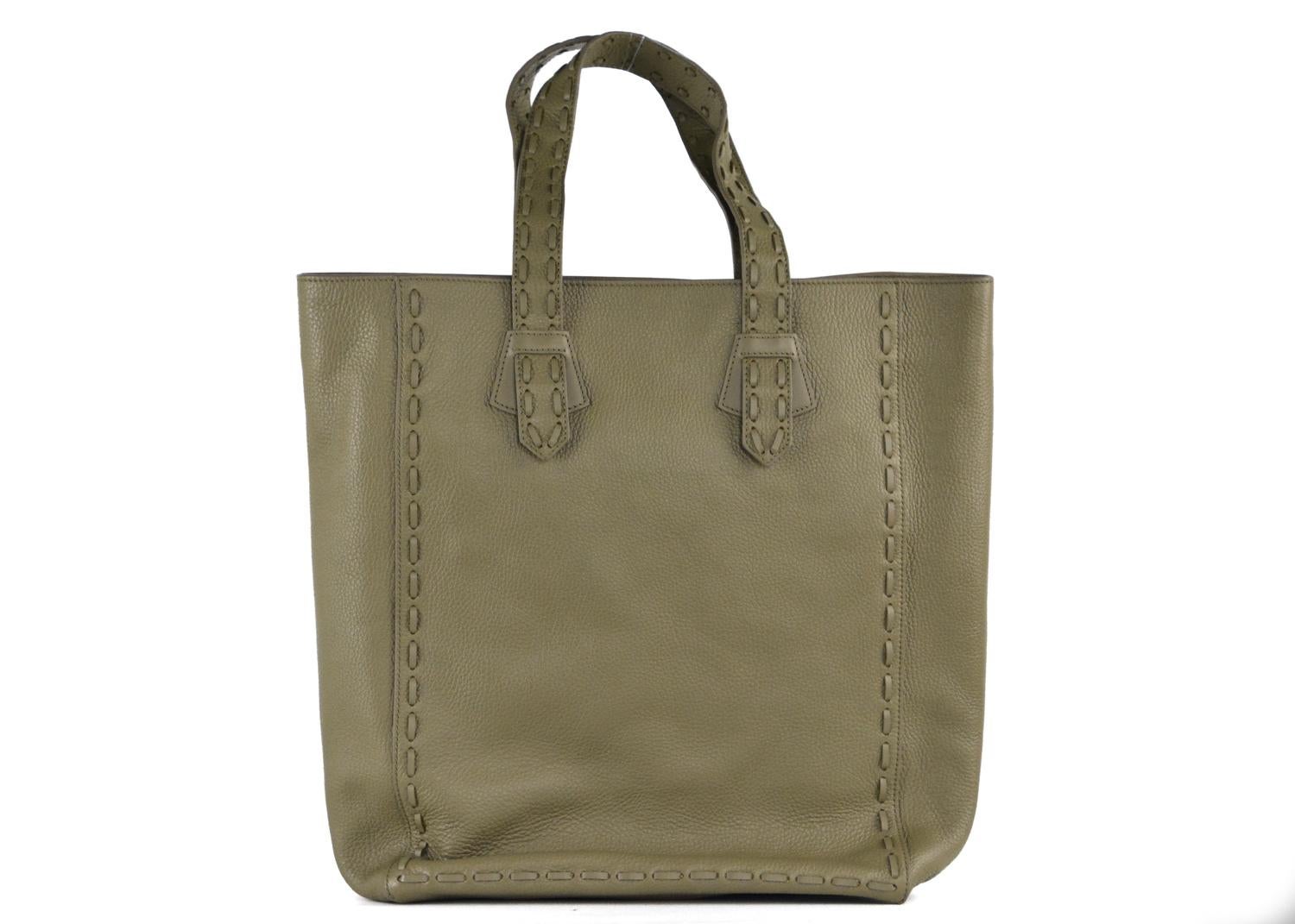 Roberto Cavalli Olive Green Grained Leather Stitched Trim Tote Bag In New Condition For Sale In Brooklyn, NY