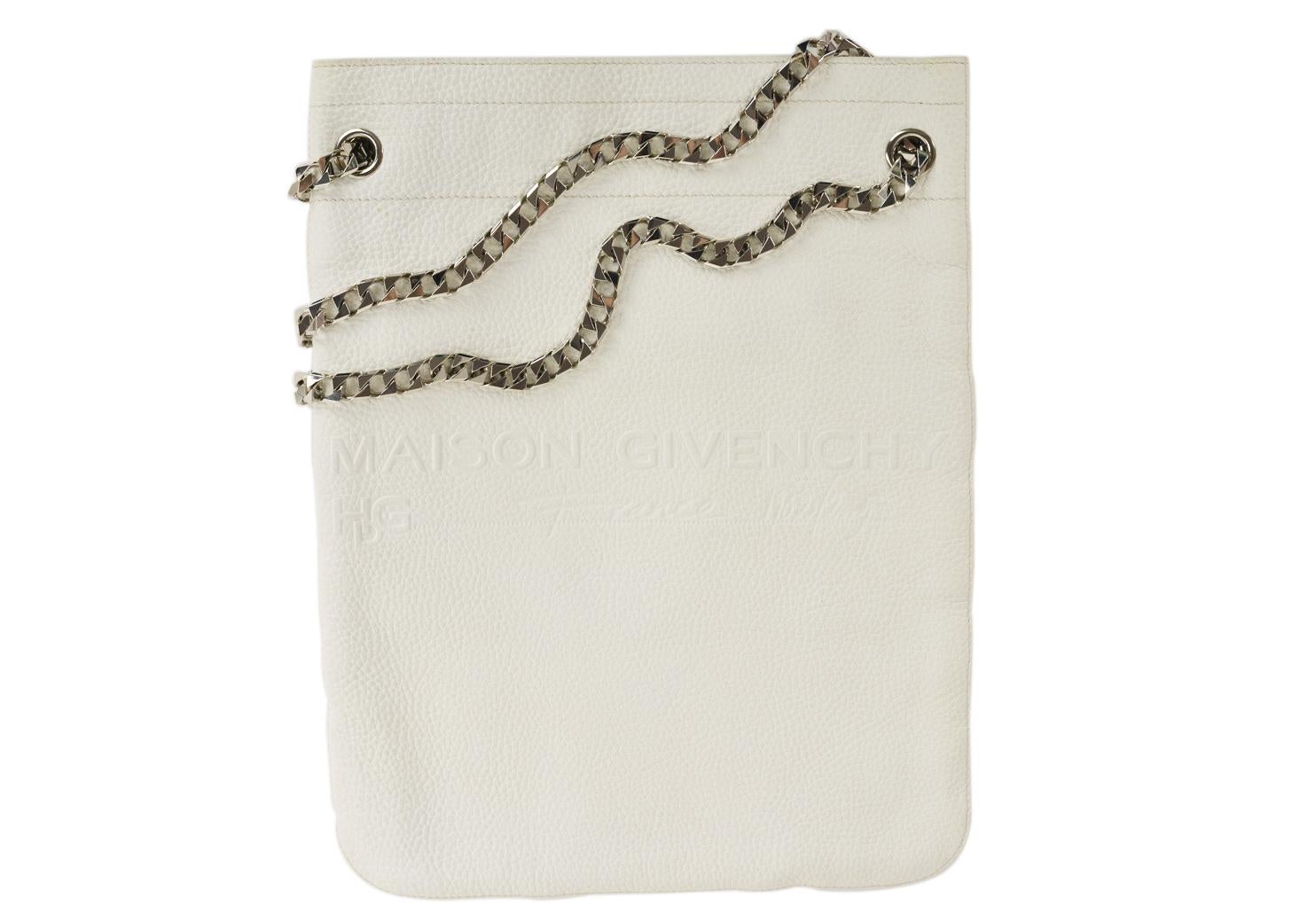 Givenchy white leather chain shoulder bag. This bag features a silver chain shoulder strap with a Maison and Givenchy embossed logo on the front. This bag is perfect tos tore all your everyday essentials with its spacious