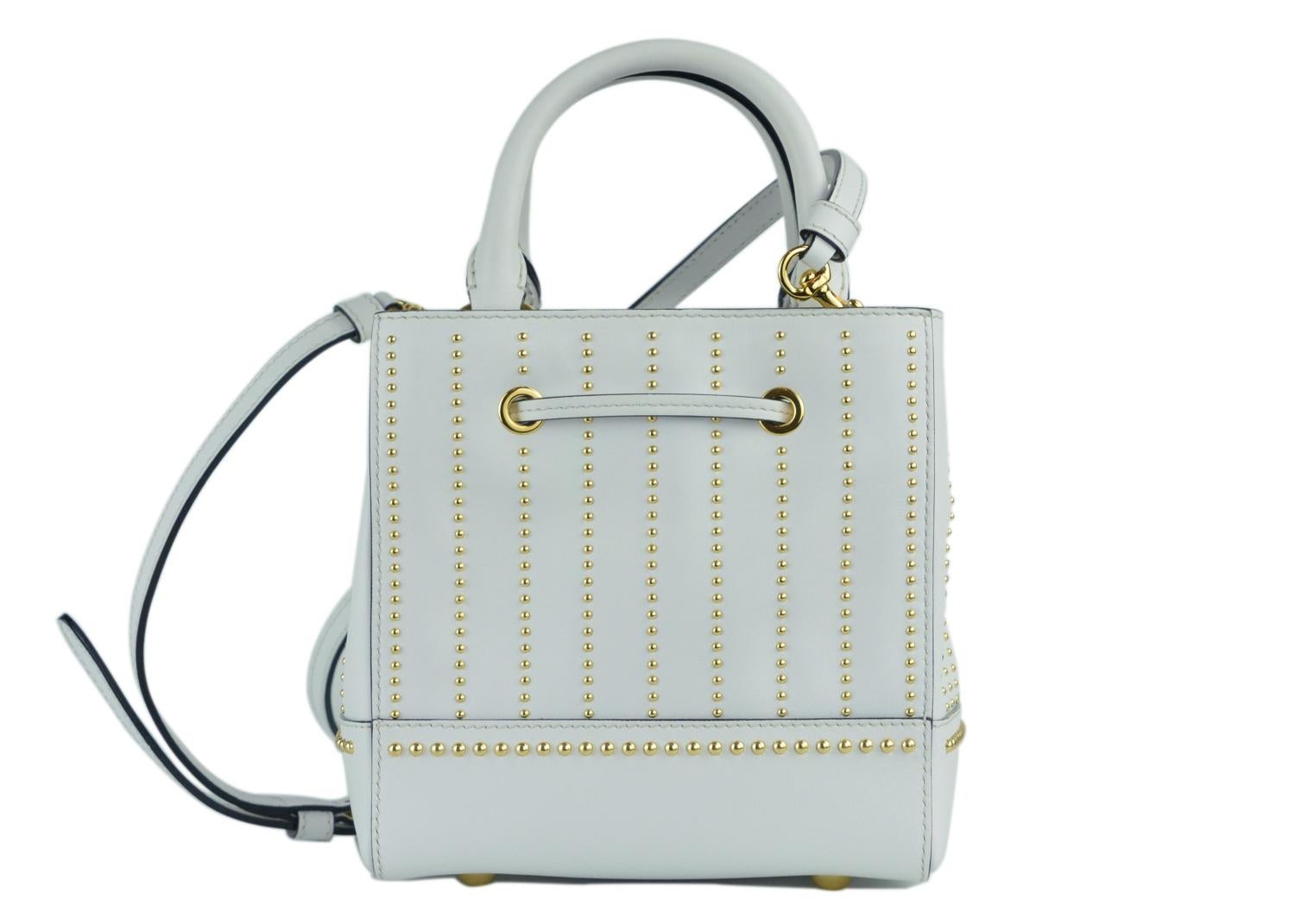 Moschino Womens White Studded Leather Drawstring Shoulder Bag In New Condition For Sale In Brooklyn, NY