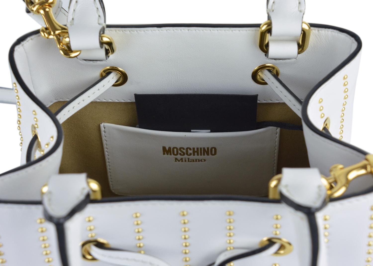 Women's Moschino Womens White Studded Leather Drawstring Shoulder Bag For Sale