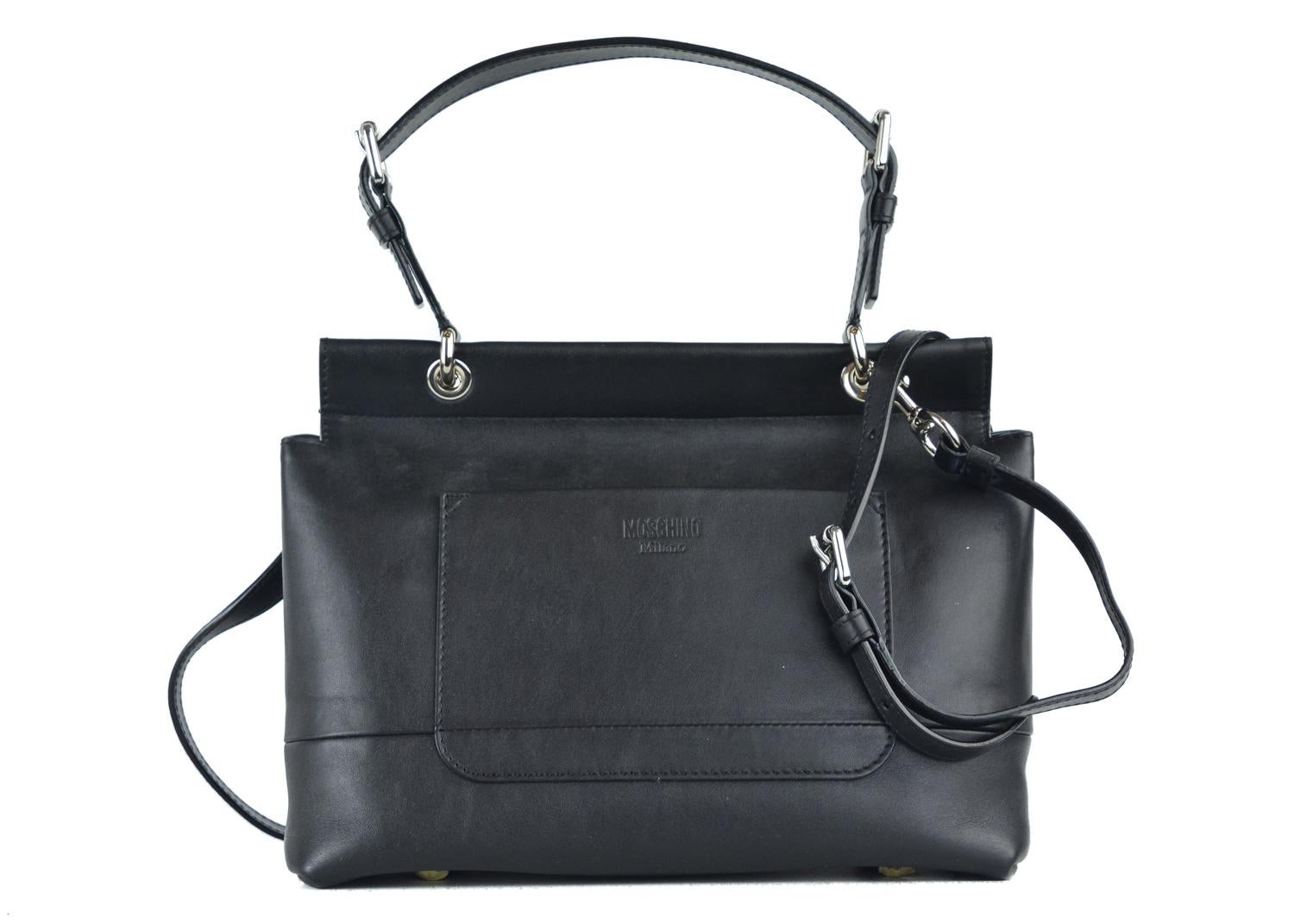 Women's Moschino Womens Black Leather Logo Flap Expandable Handbag For Sale