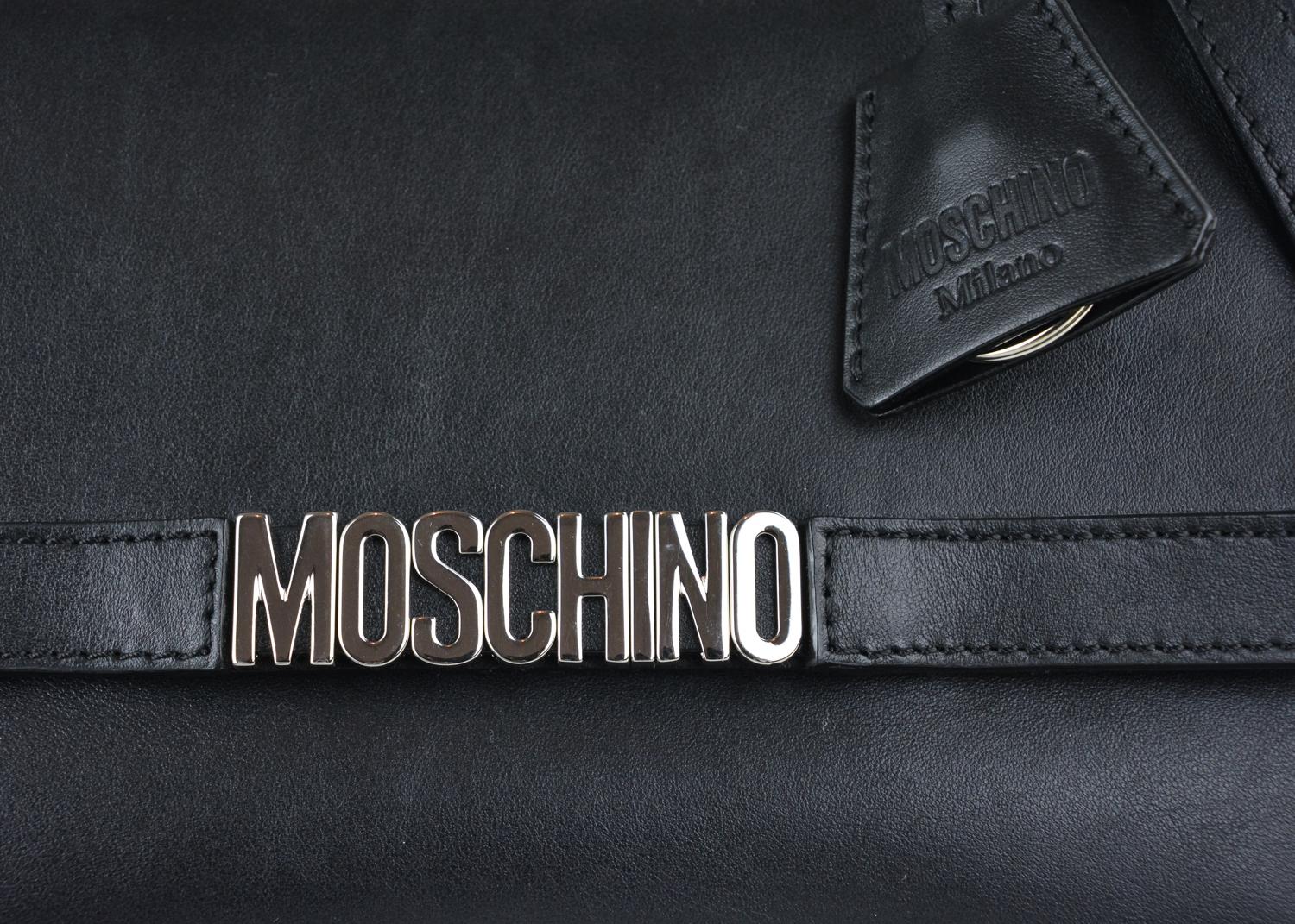 Moschino Womens Black Leather Logo Flap Expandable Handbag For Sale 1