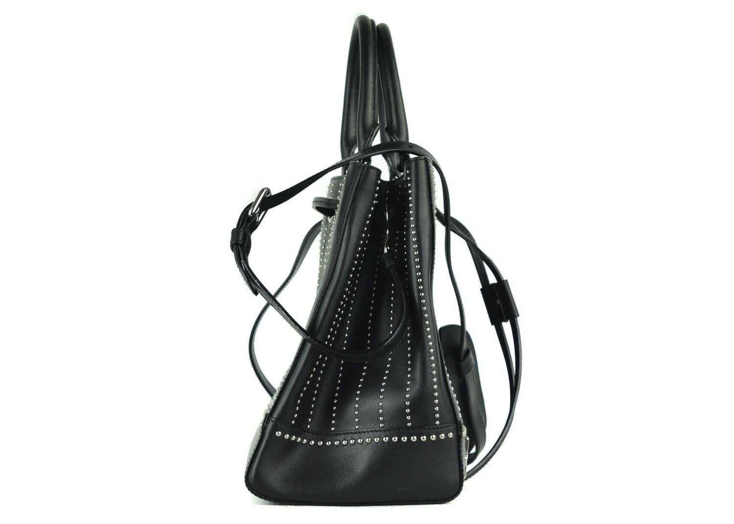 Moschino Womens Black Studded Leather Drawstring Shoulder Bag In New Condition For Sale In Brooklyn, NY